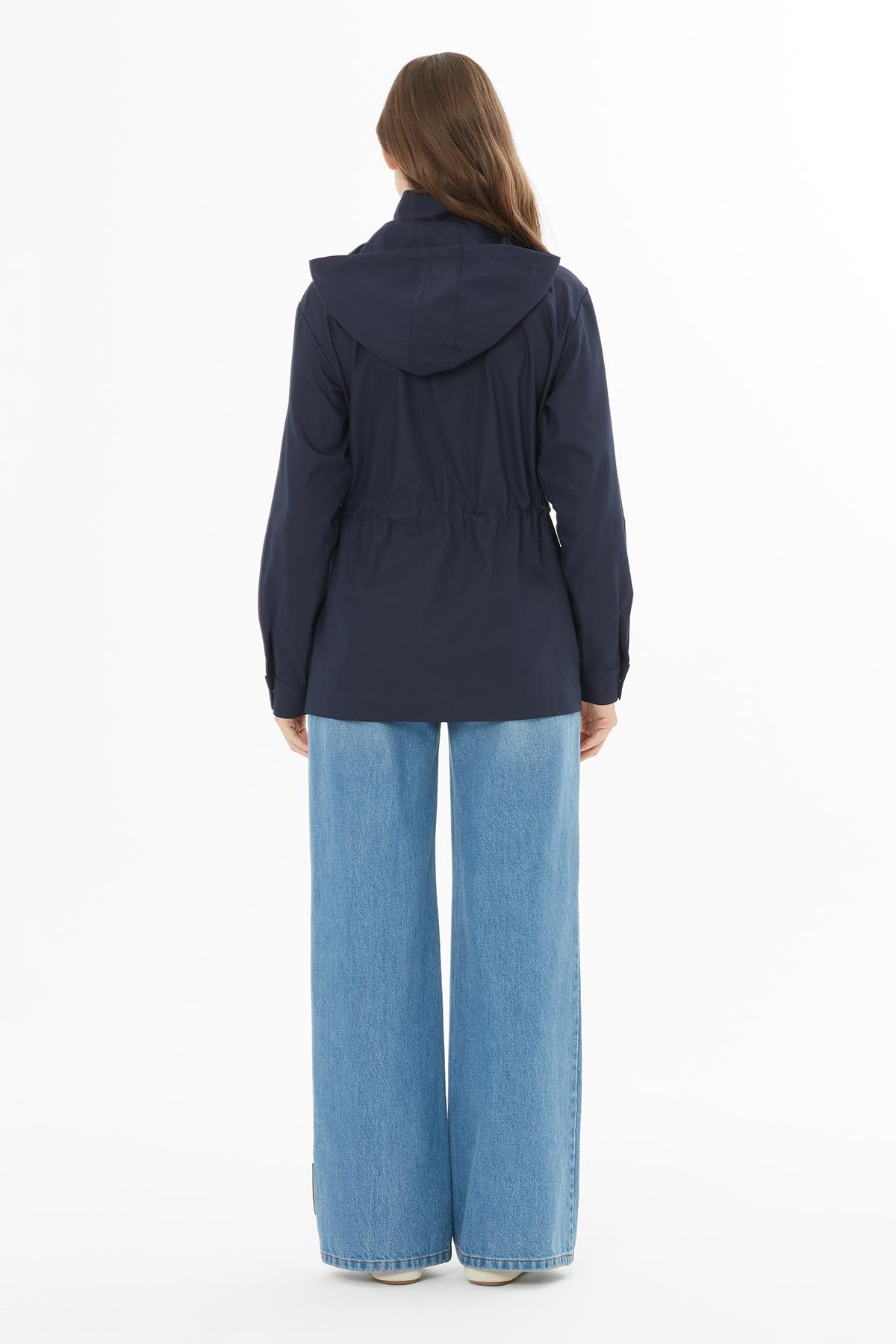 Kapüşonlu Bel Büzgülü Lacivert Ceket