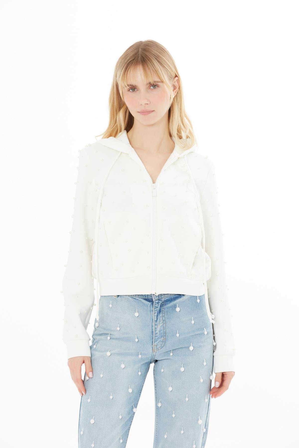 Kapüşonlu İncili Siyah Sweatshirt