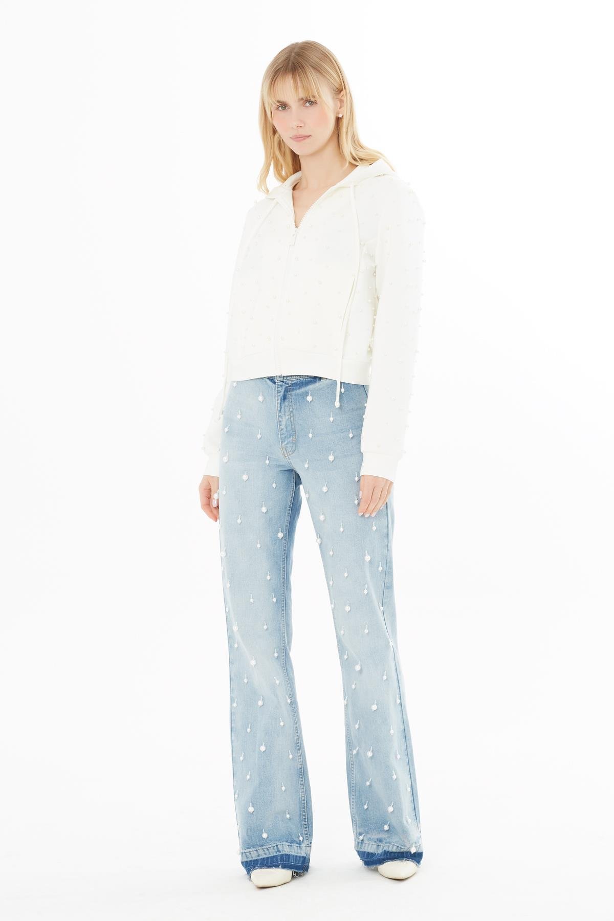 Kapüşonlu İncili Siyah Sweatshirt