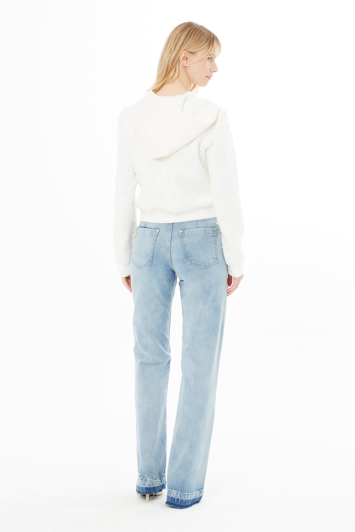 Kapüşonlu İncili Siyah Sweatshirt