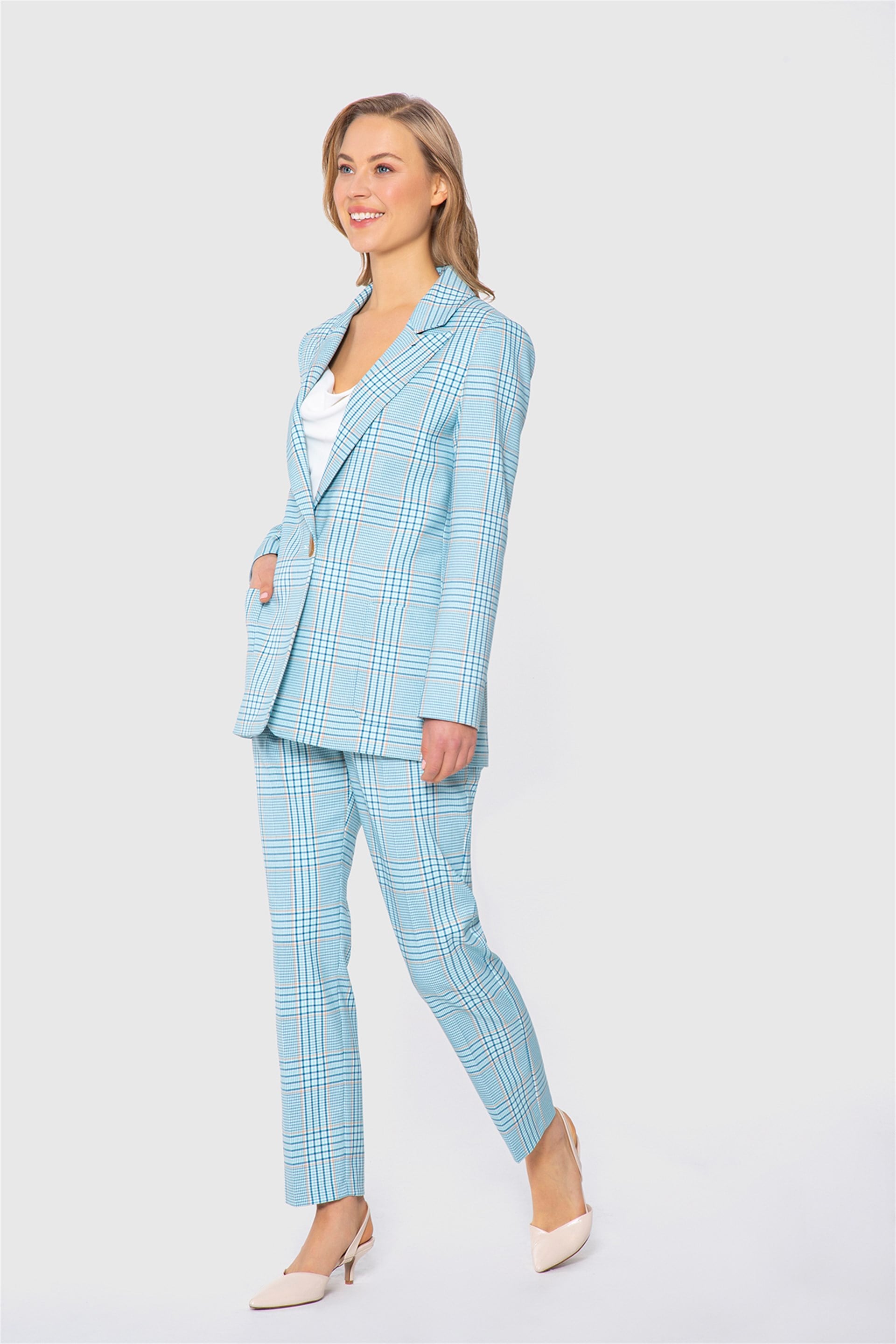 Square Pattern Striped Blue Suit