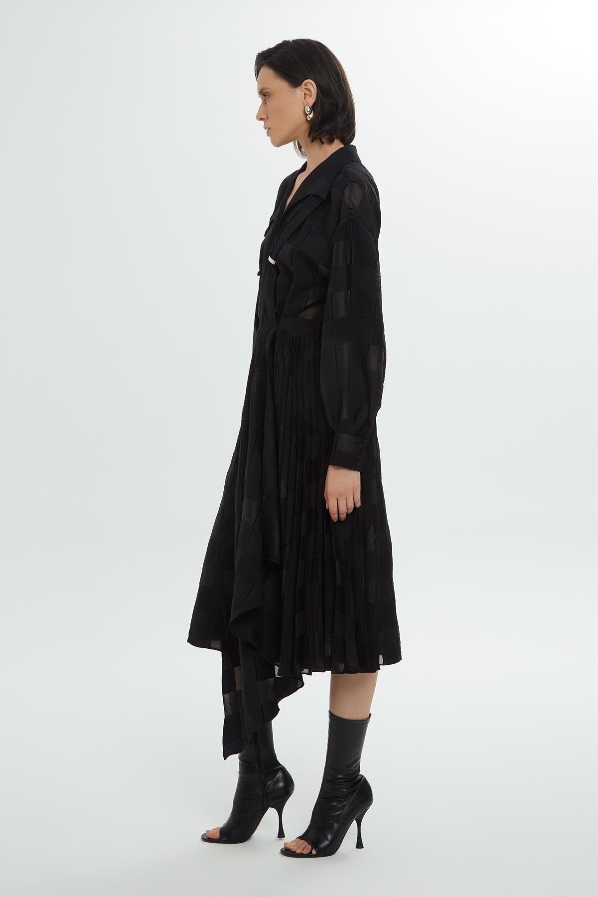 Square Patterned Asymmetrical Cut Black Dress