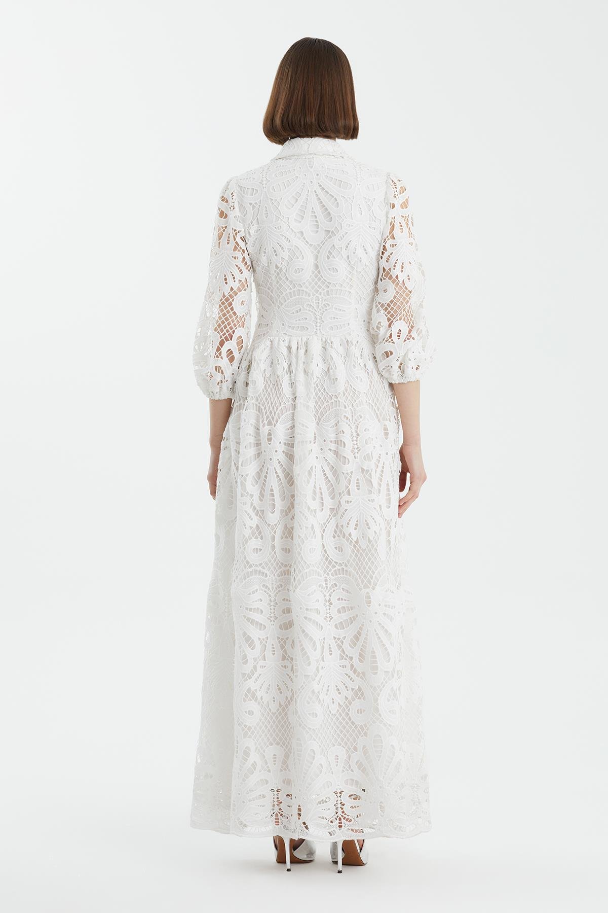 Ecru Puff Sleeve Embroidered Dress