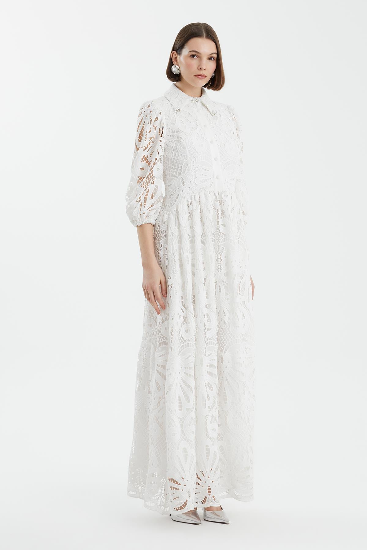 Ecru Puff Sleeve Embroidered Dress