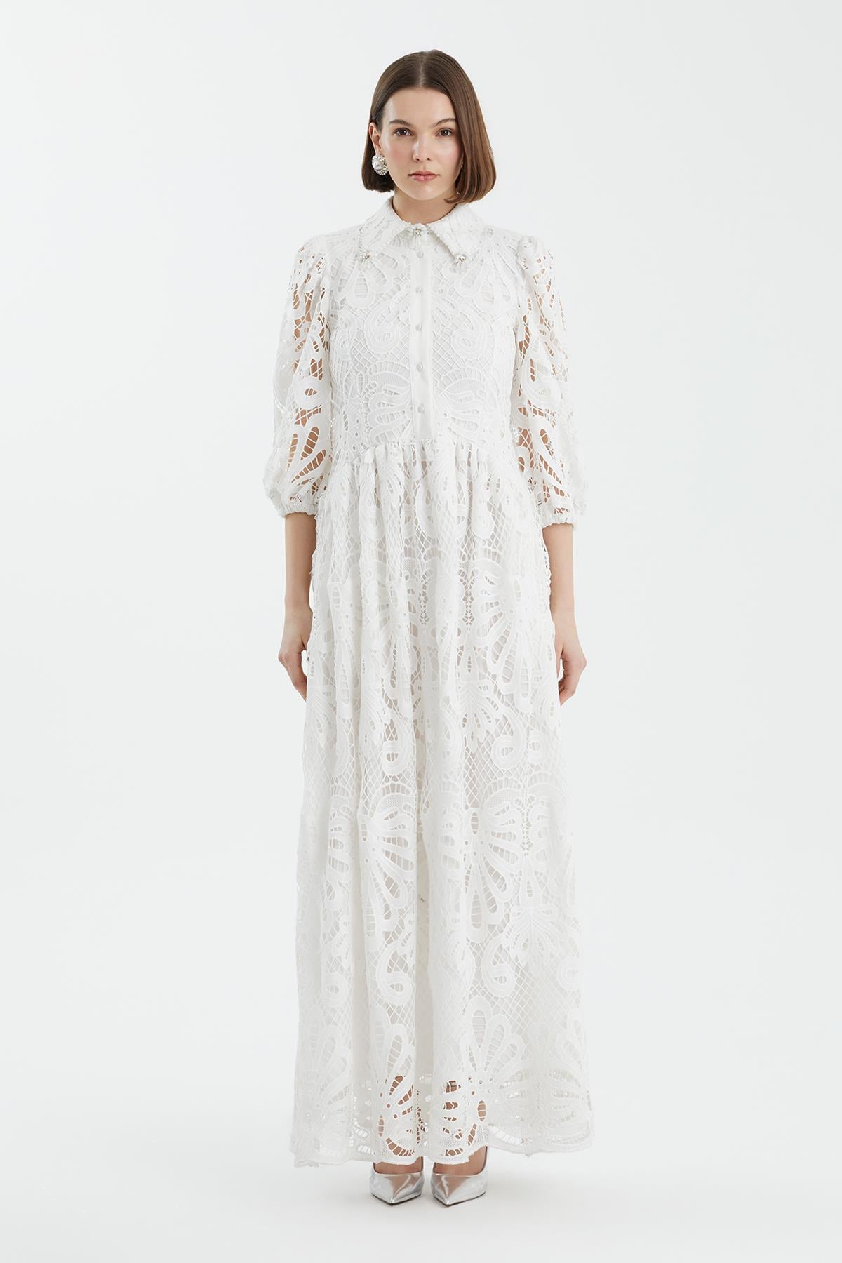 Ecru Puff Sleeve Embroidered Dress