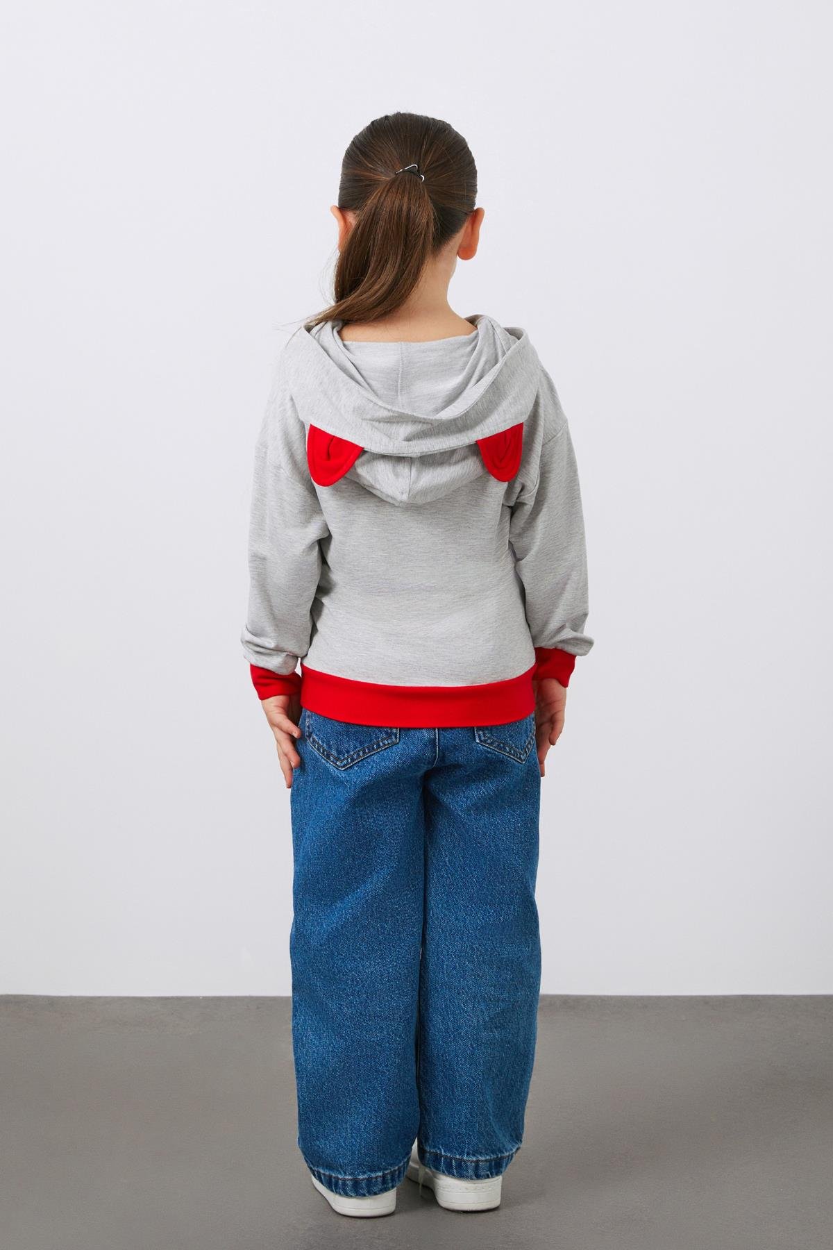 Kedi Nakışlı Gri  Kız Çocuk Kapüşonlu Sweatshirt