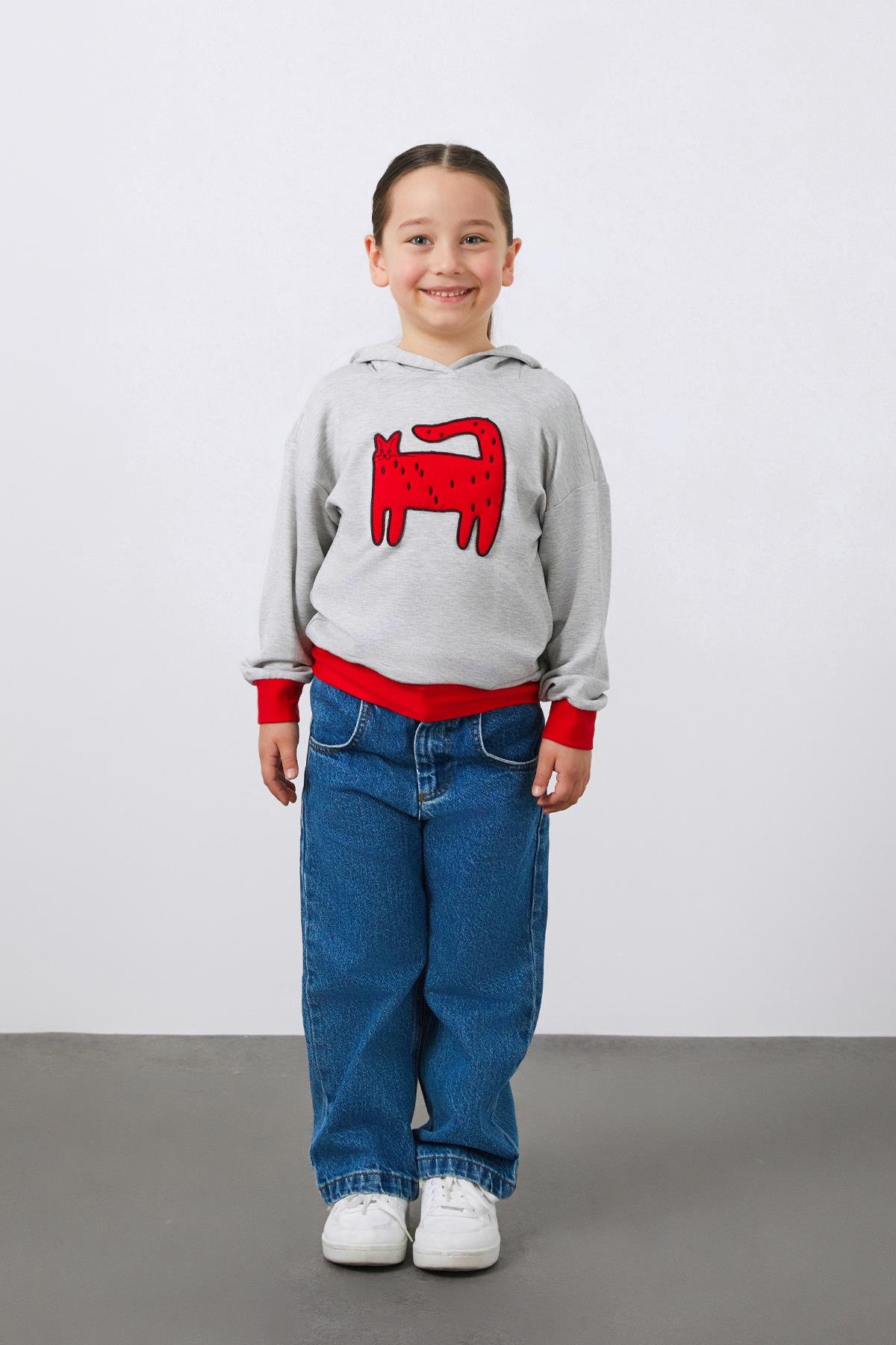 Kedi Nakışlı Gri  Kız Çocuk Kapüşonlu Sweatshirt