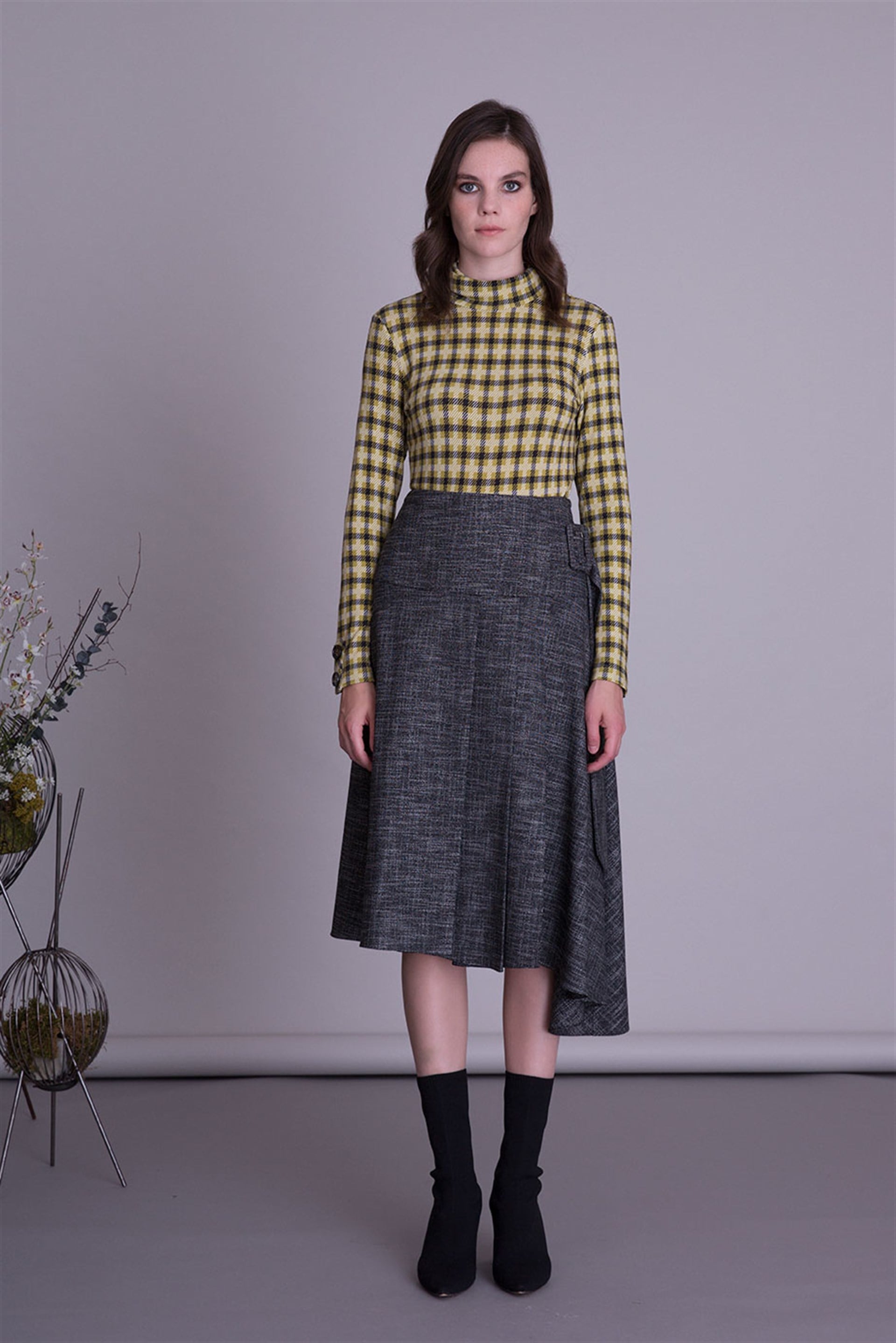 Belt Detailed Asymmetric Cut Black Midi Skirt