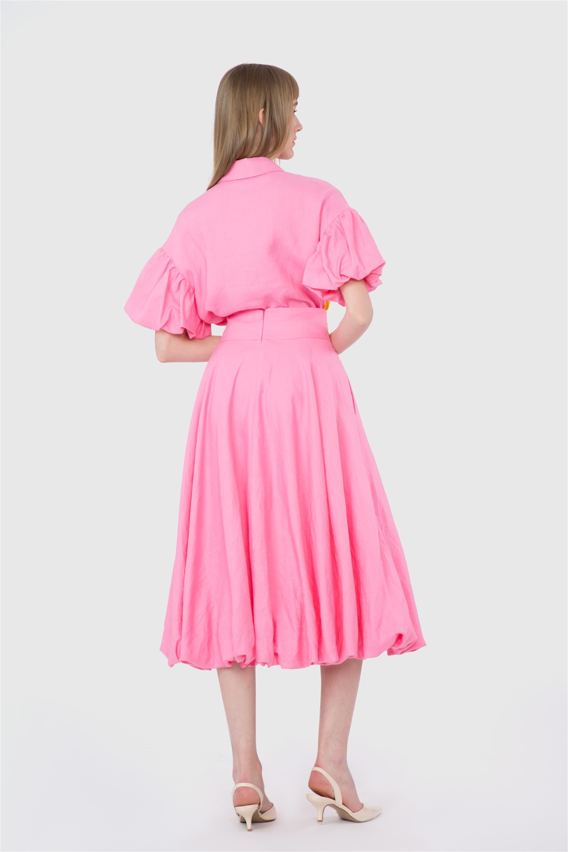 Kemer İşlemeli Pileli Midi Pembe Etek