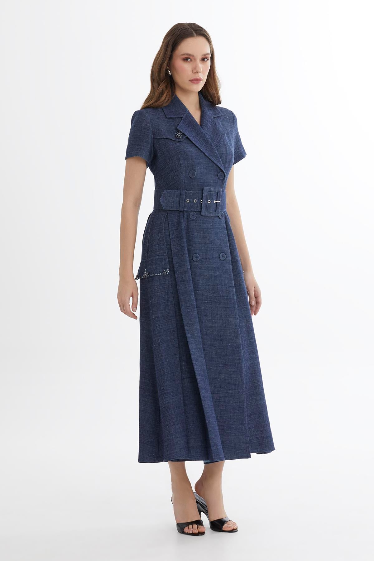 Blue Belted Embroidered Dress