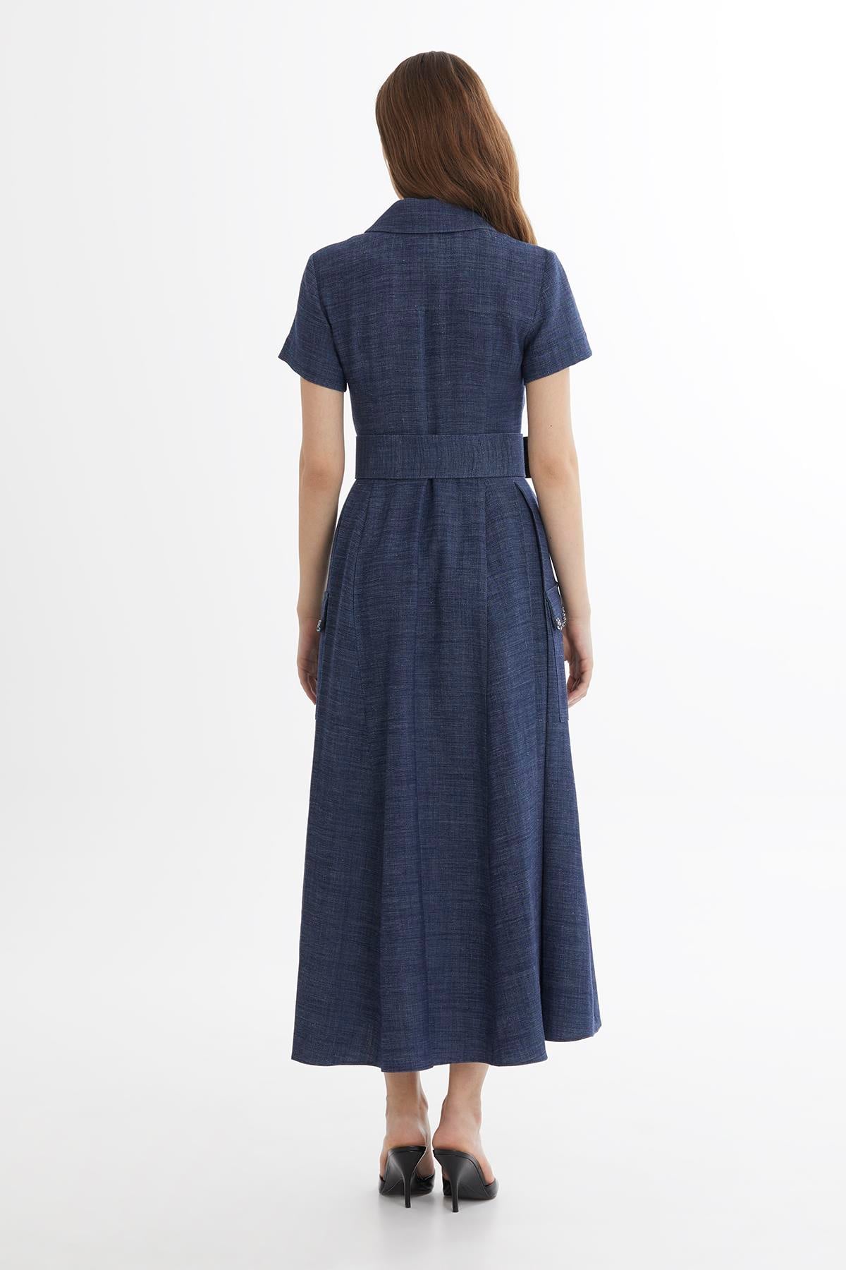 Blue Belted Embroidered Dress