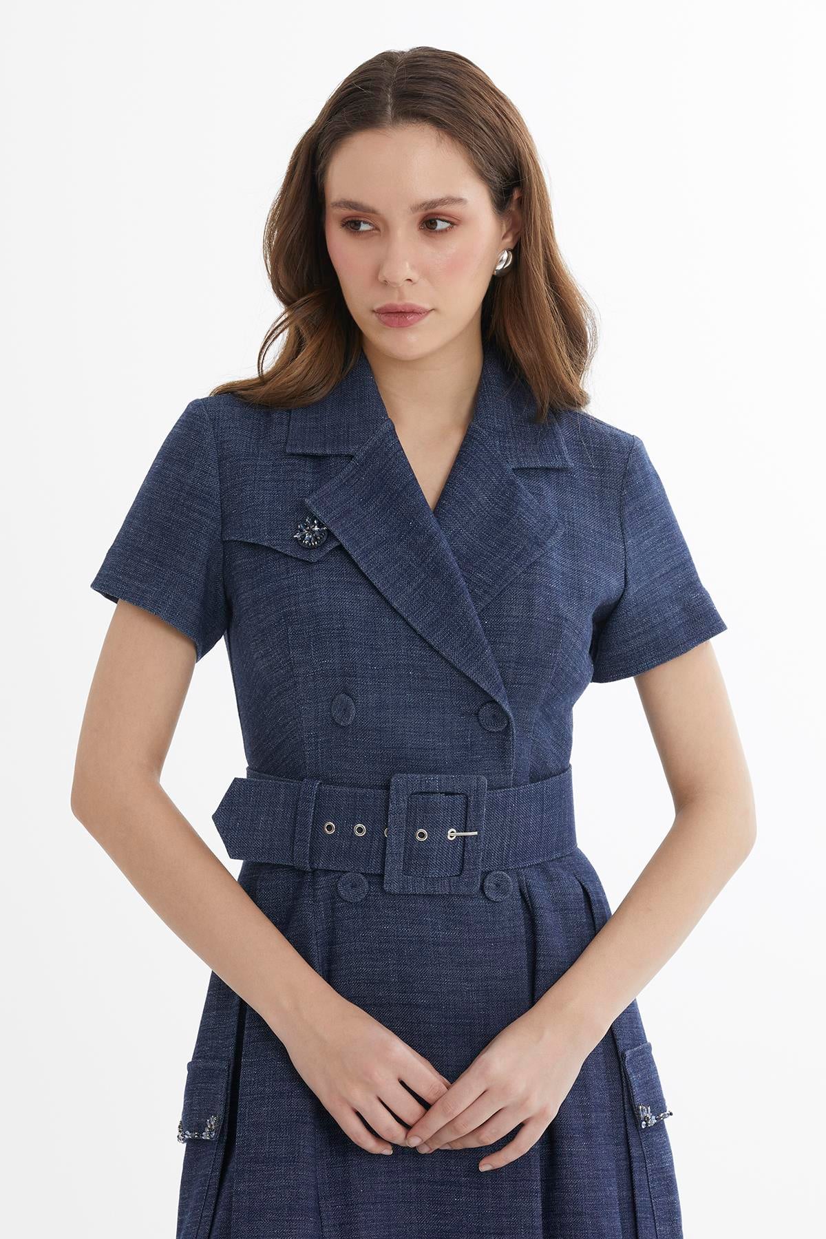 Blue Belted Embroidered Dress