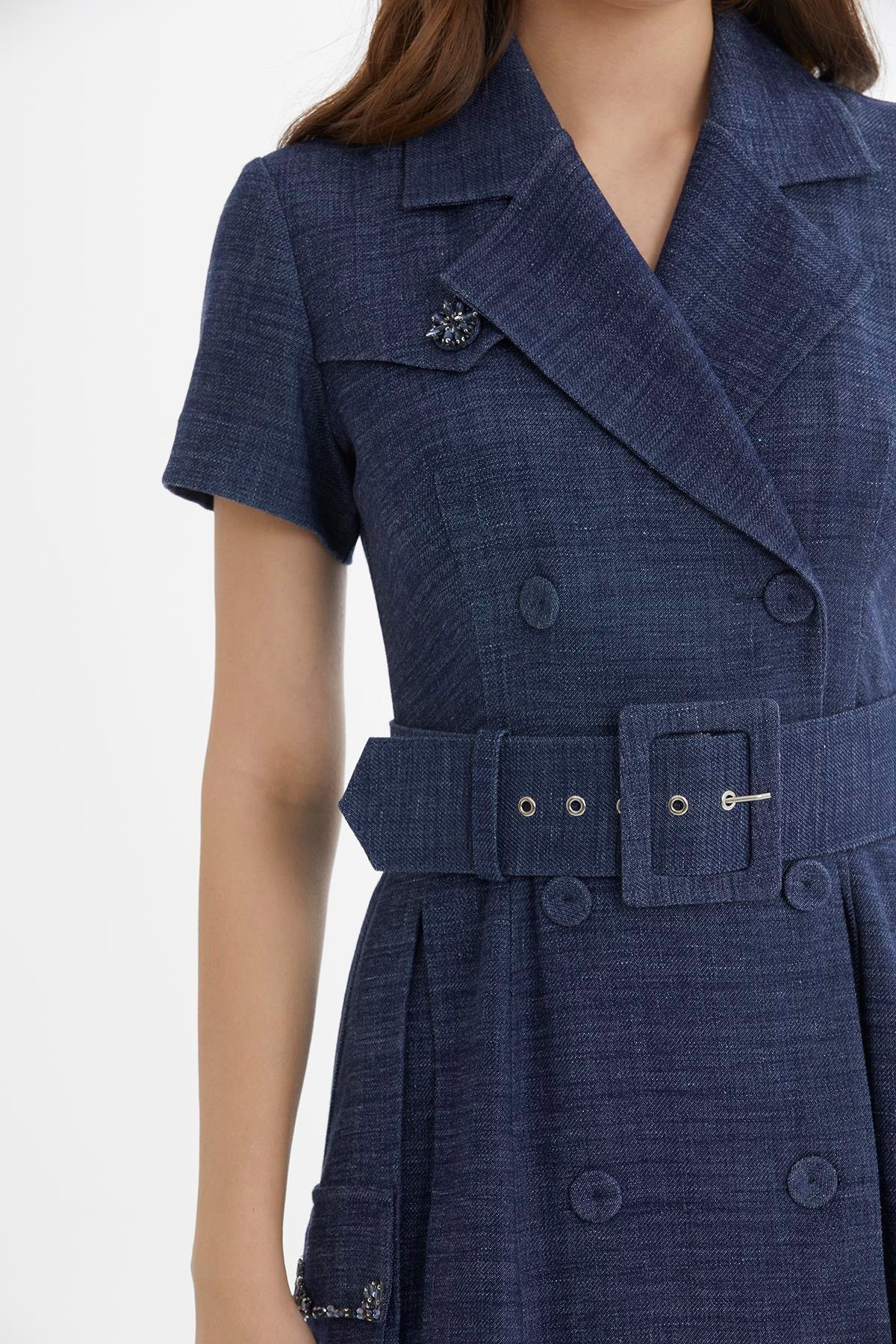 Blue Belted Embroidered Dress