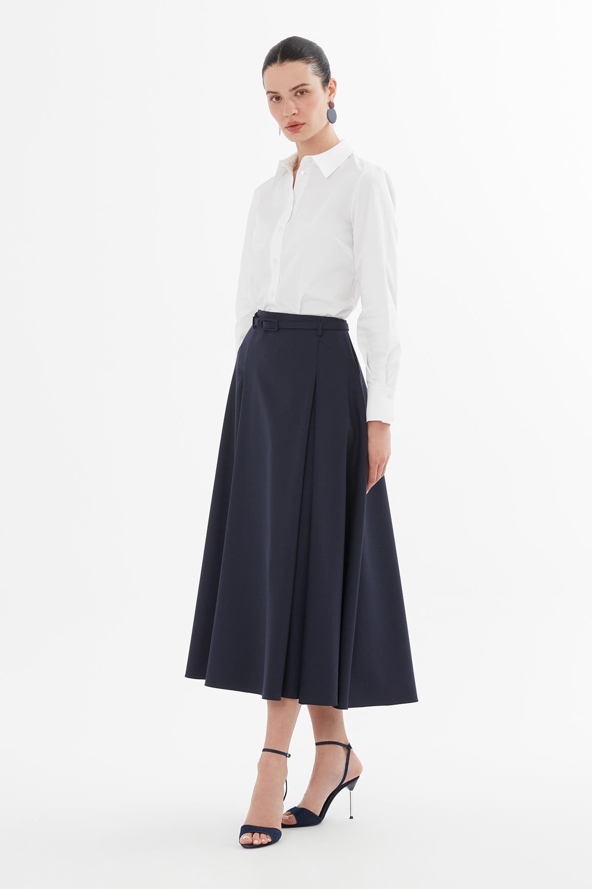 Kemerli Pileli Lacivert Uzun Etek