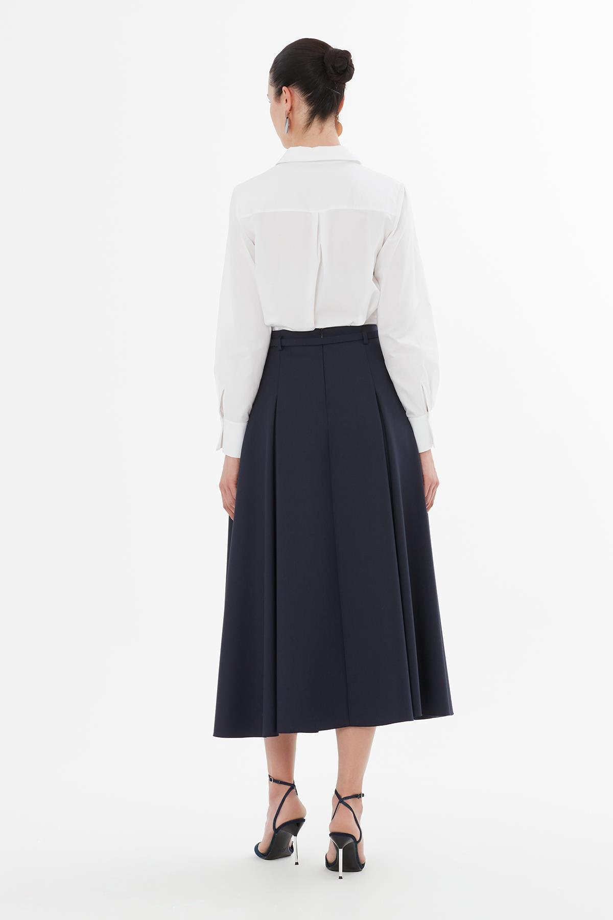 Kemerli Pileli Lacivert Uzun Etek