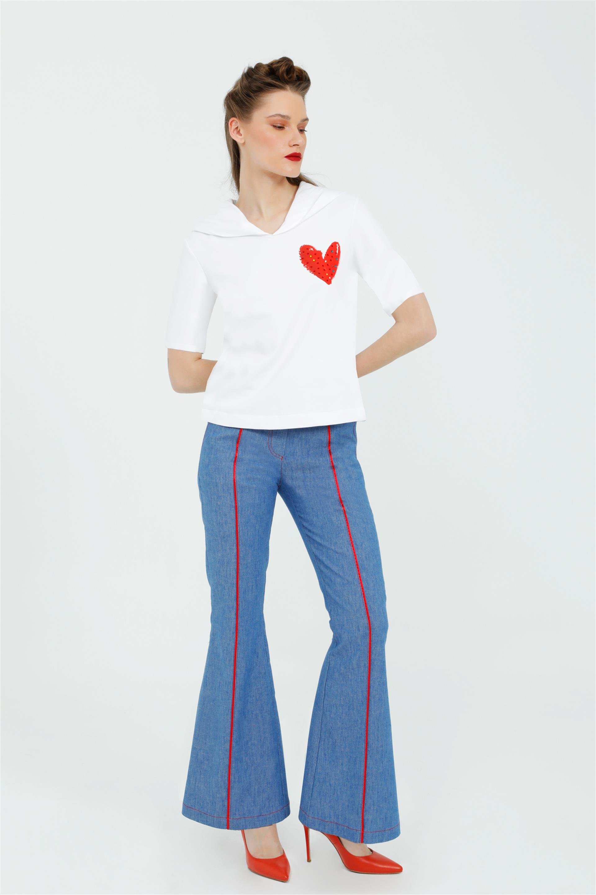 Blue Trousers with Red Drawstring Closure Pleated Detail