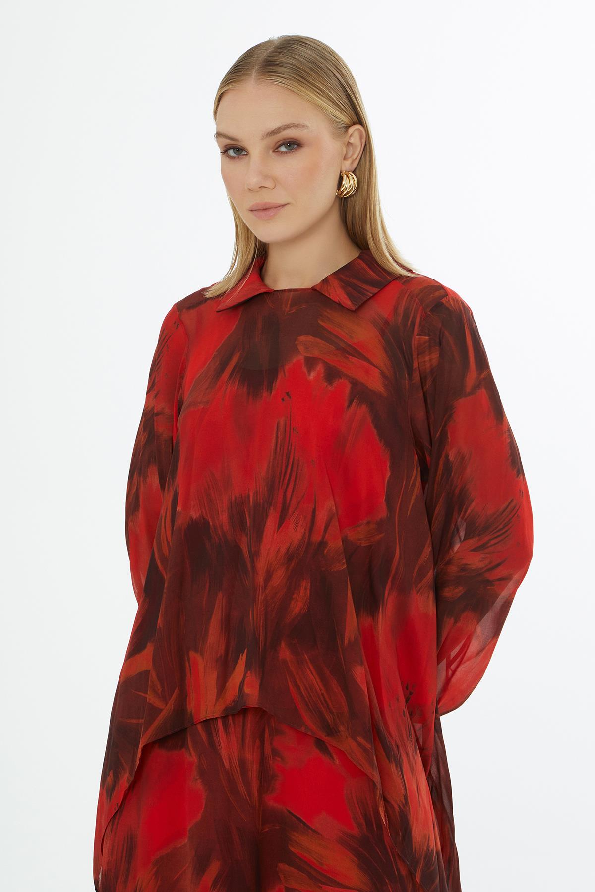 Kırmızı Siyah Geçişli Katlı Bluz