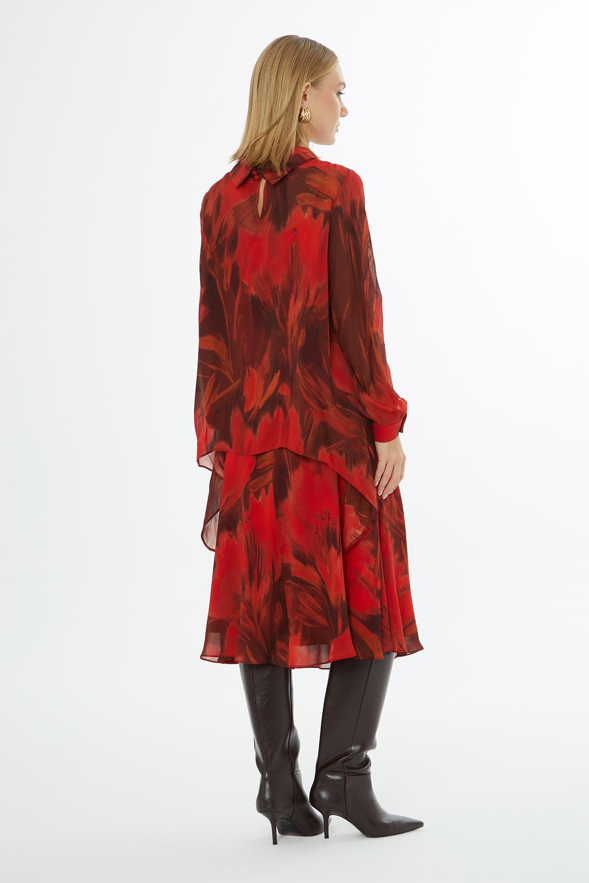 Kırmızı Siyah Geçişli Katlı Bluz