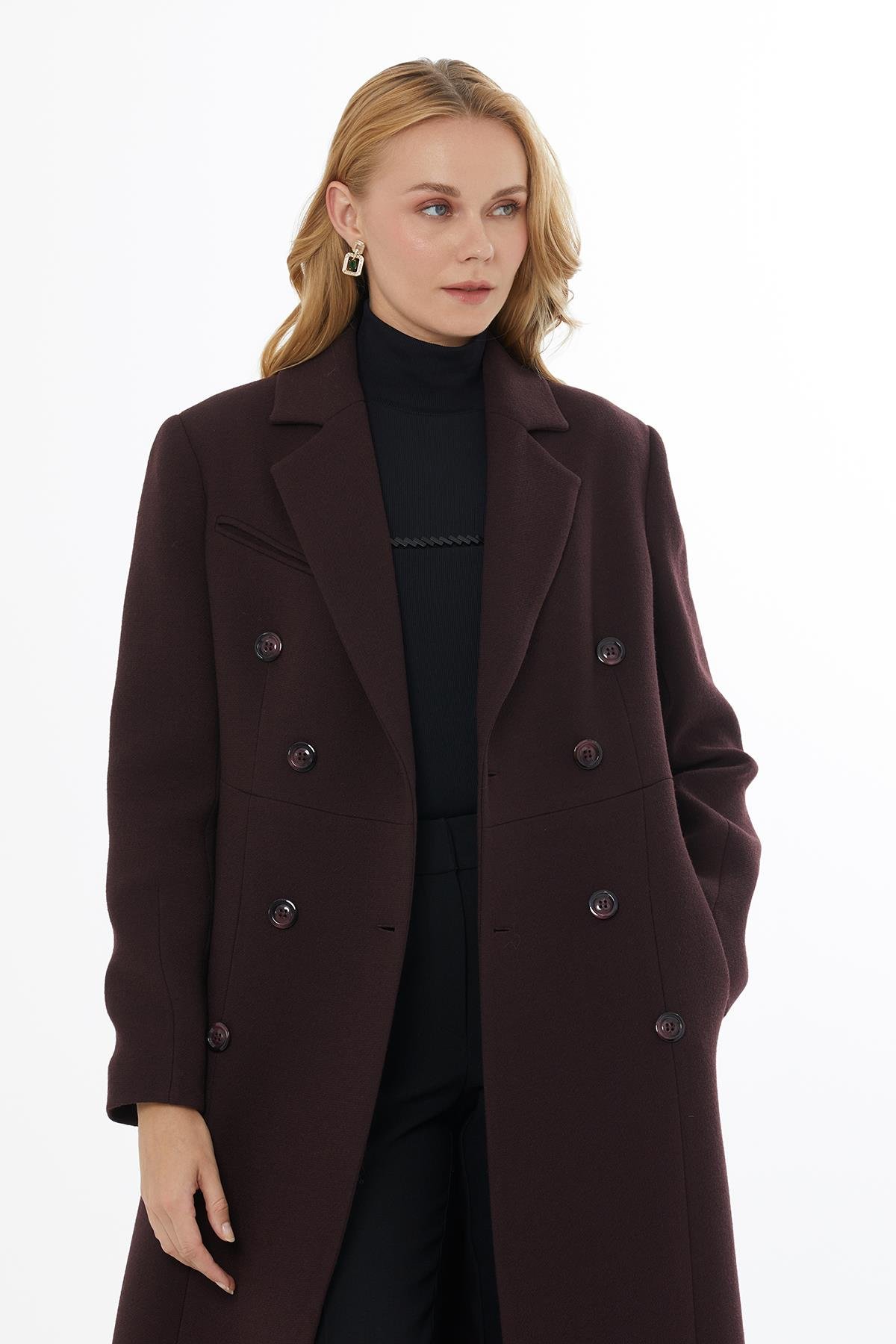 Klasik Kruvaze Bordo Yün Kaban