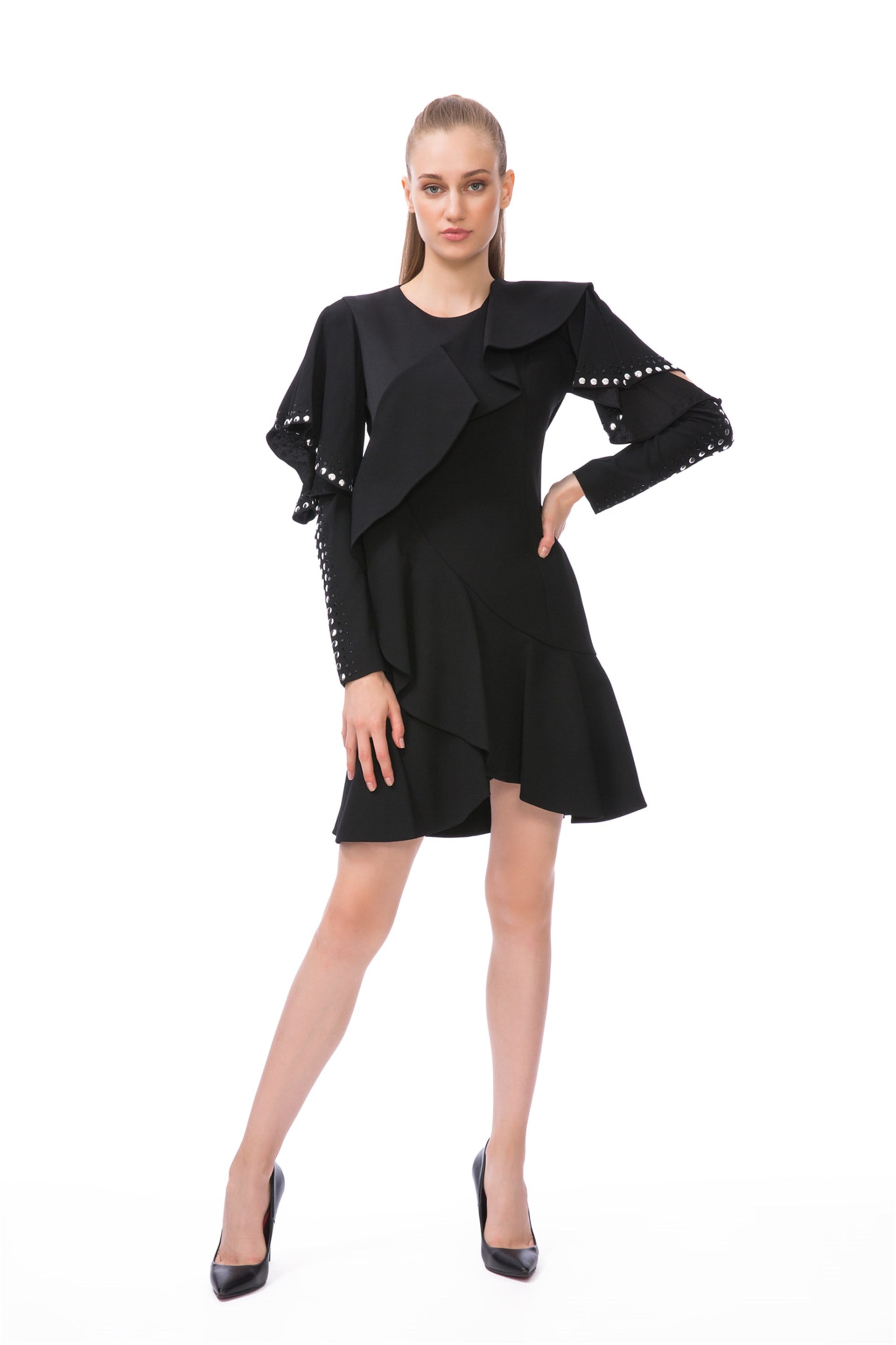 Black Mini Dress with Trock Print Detail on the Sleeves