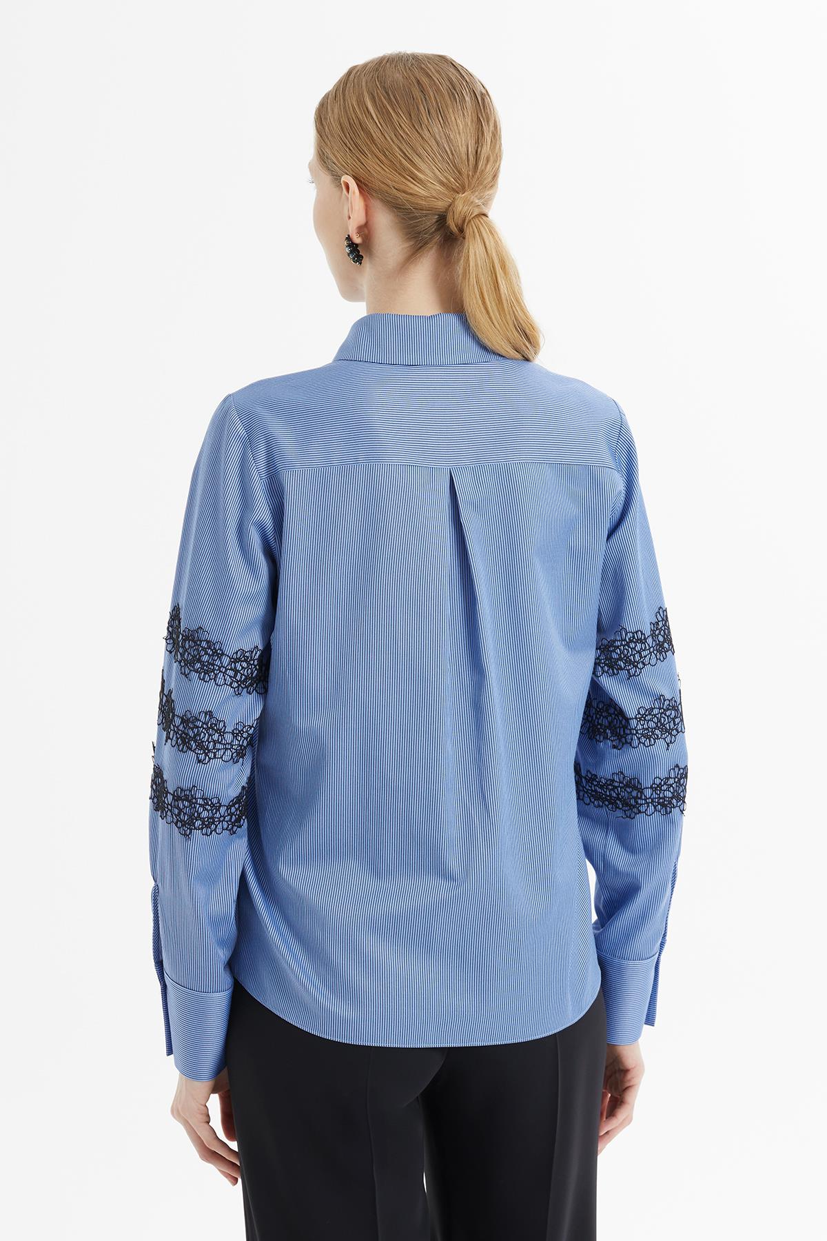 Sleeves Lace Detailed Floral Polyester Buttoned Striped Blue Shirt