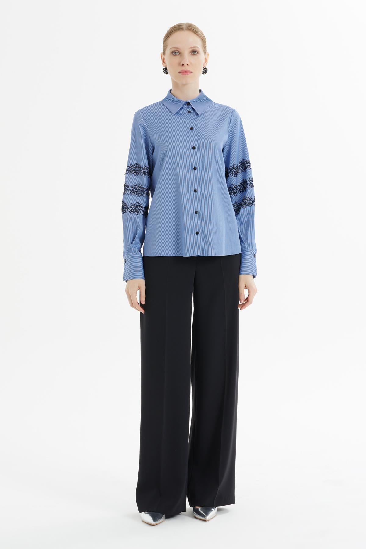 Sleeves Lace Detailed Floral Polyester Buttoned Striped Blue Shirt