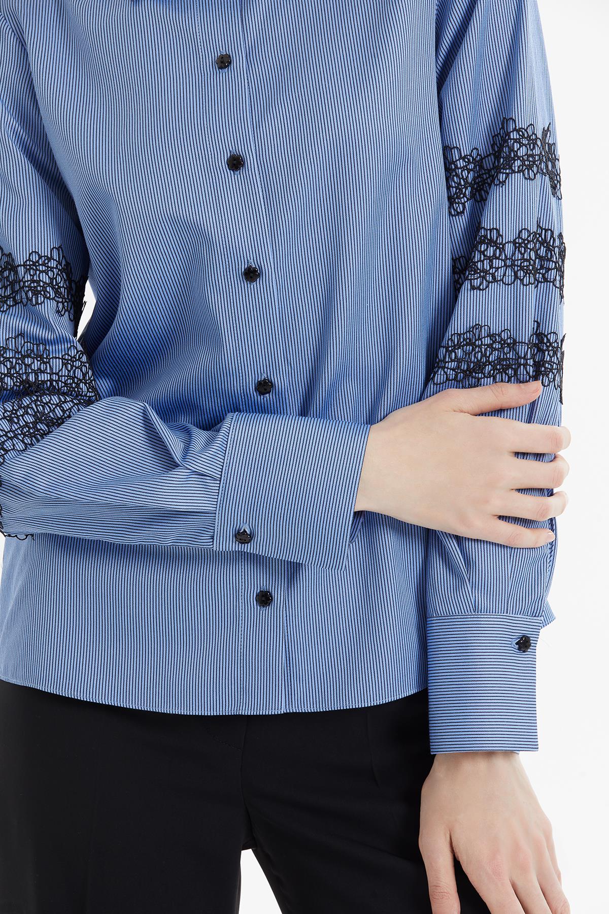 Sleeves Lace Detailed Floral Polyester Buttoned Striped Blue Shirt
