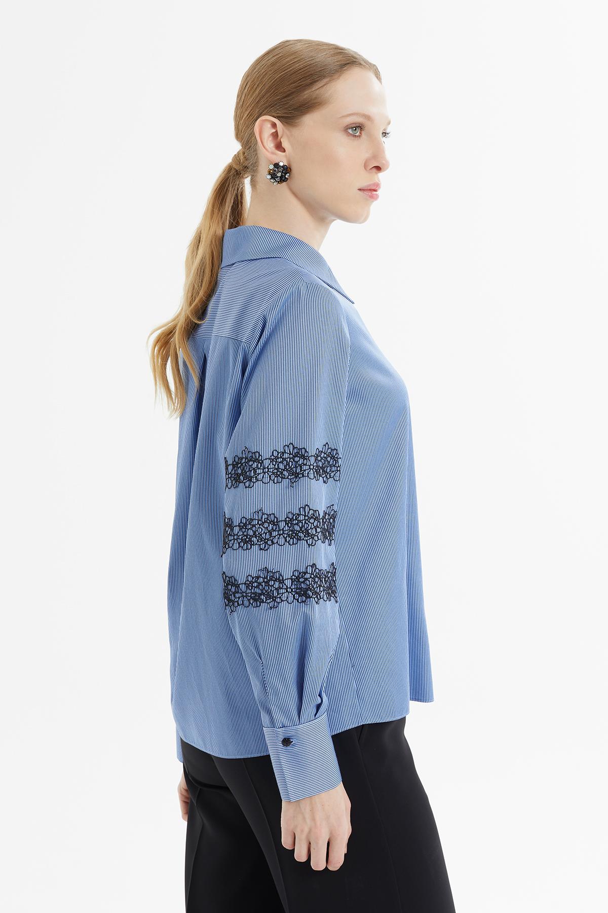 Sleeves Lace Detailed Floral Polyester Buttoned Striped Blue Shirt