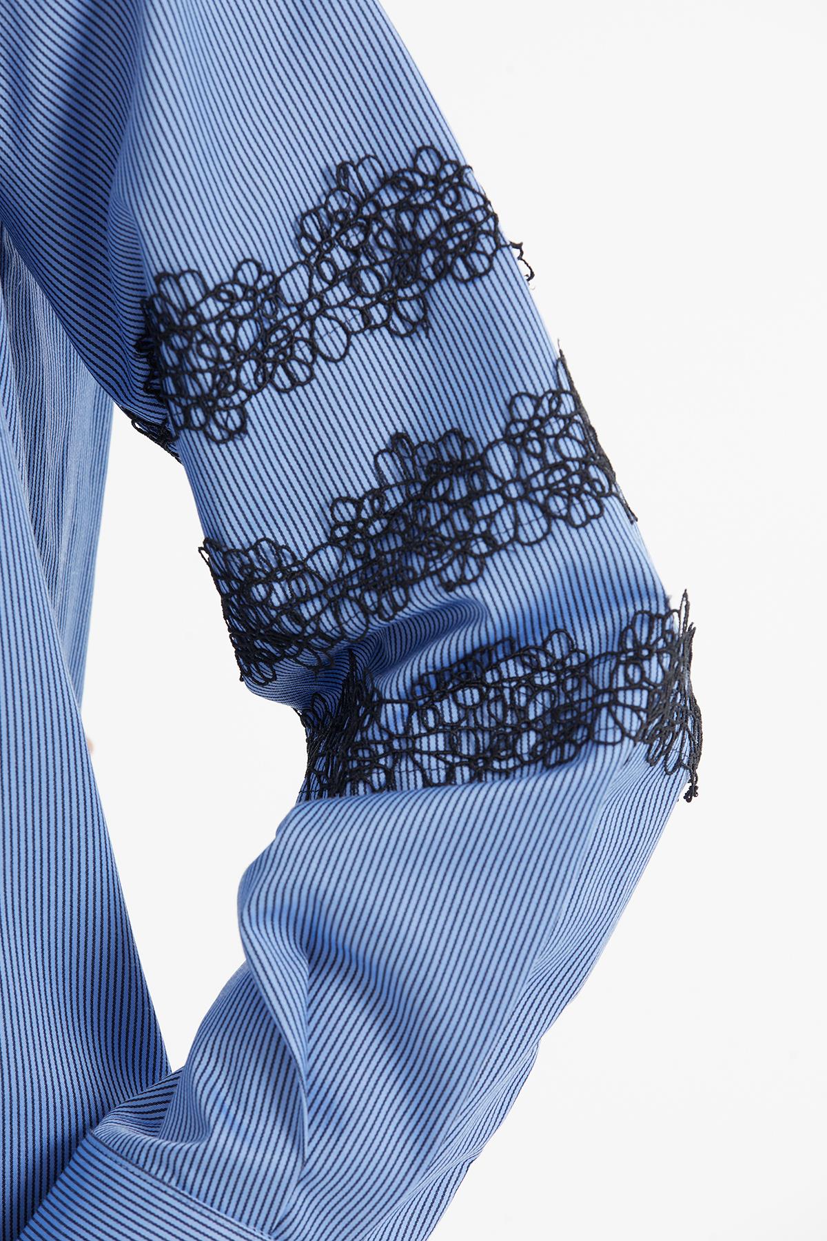 Sleeves Lace Detailed Floral Polyester Buttoned Striped Blue Shirt