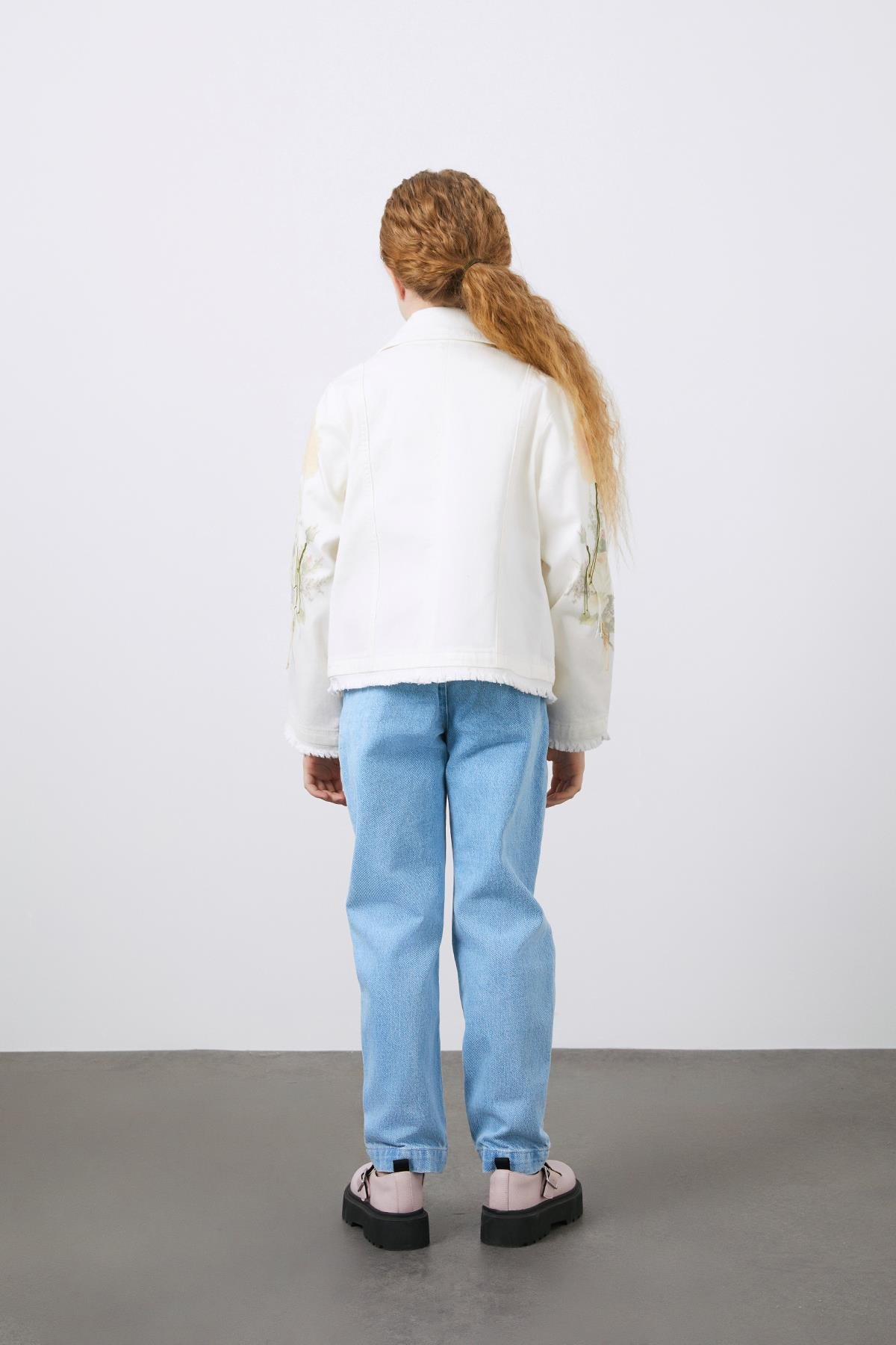 Patterned Sleeves White Jean Jacket for Girls