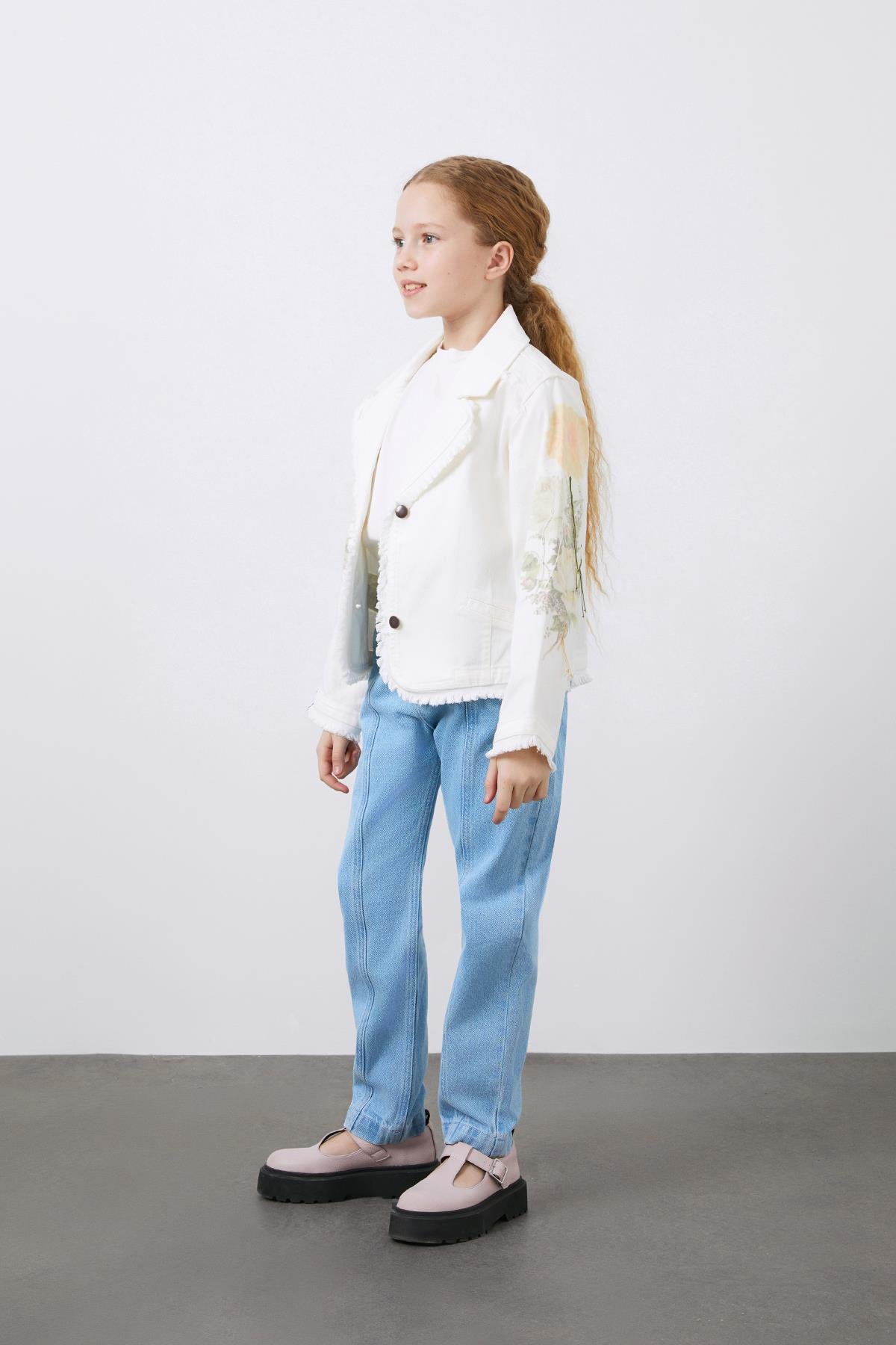 Patterned Sleeves White Jean Jacket for Girls