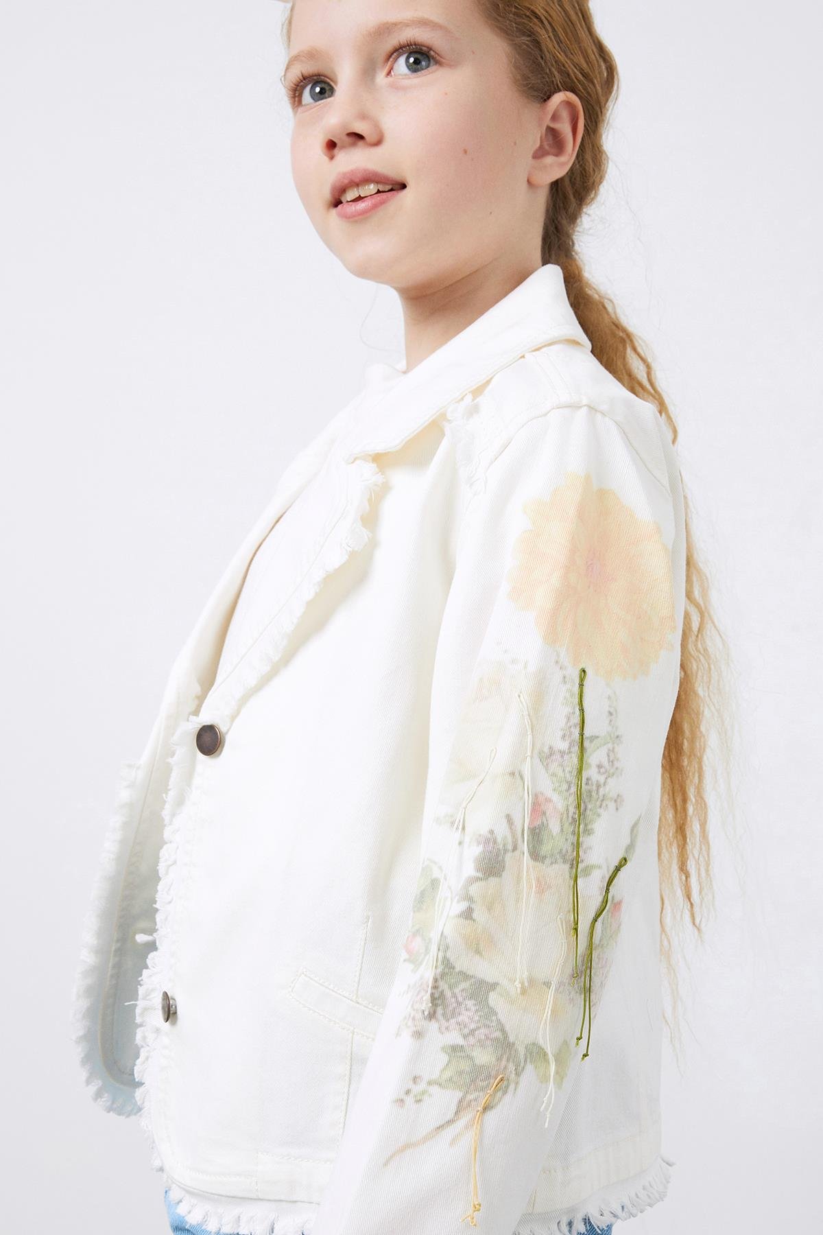 Patterned Sleeves White Jean Jacket for Girls