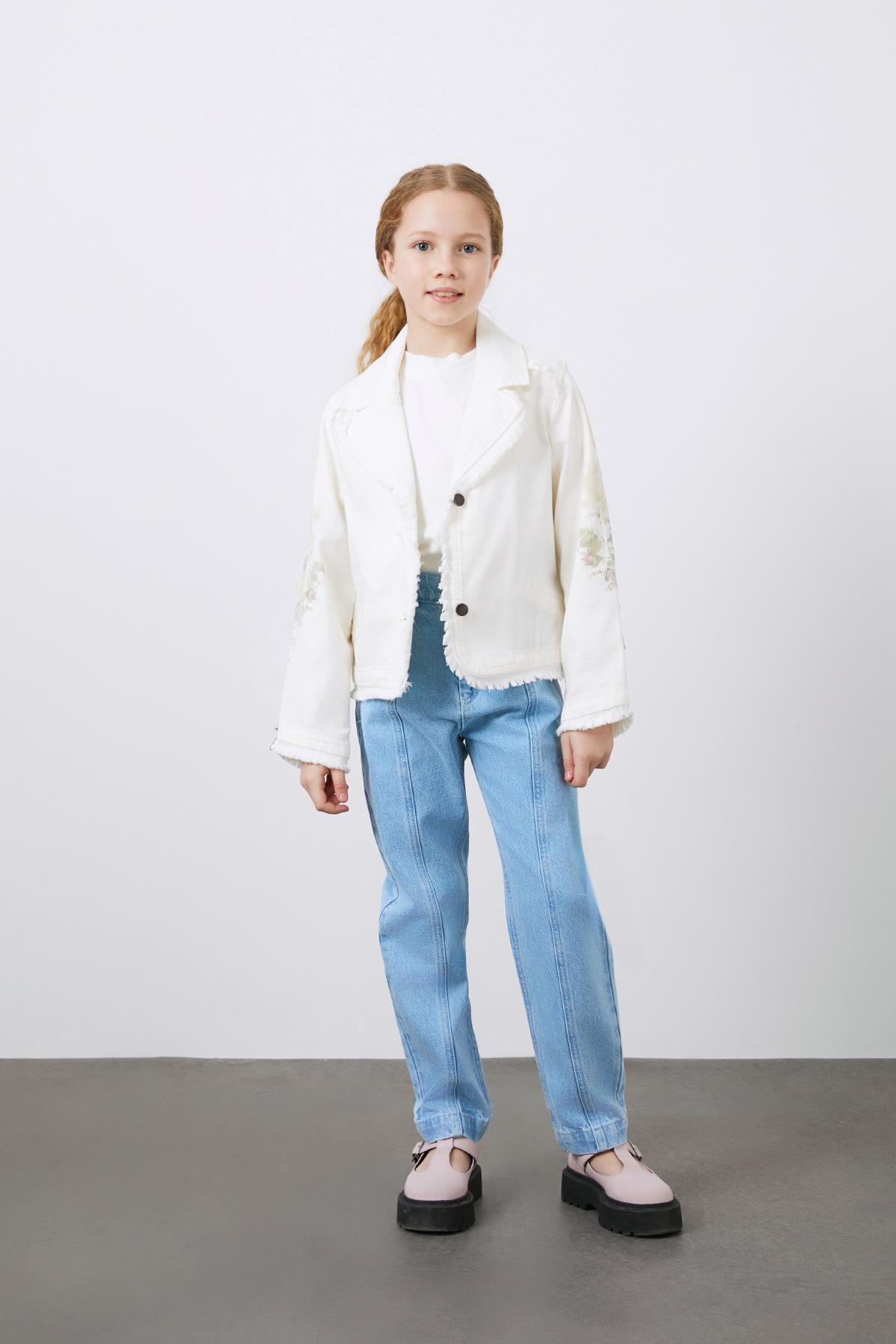 Patterned Sleeves White Jean Jacket for Girls