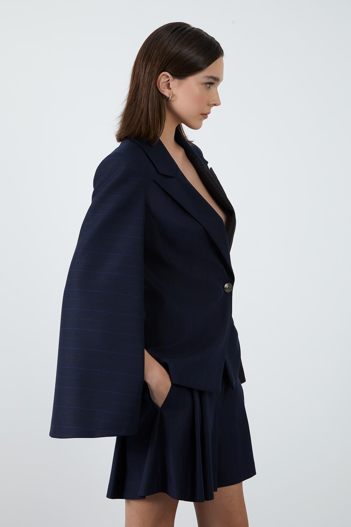 Navy Blazer Jacket with Sleeve Slits