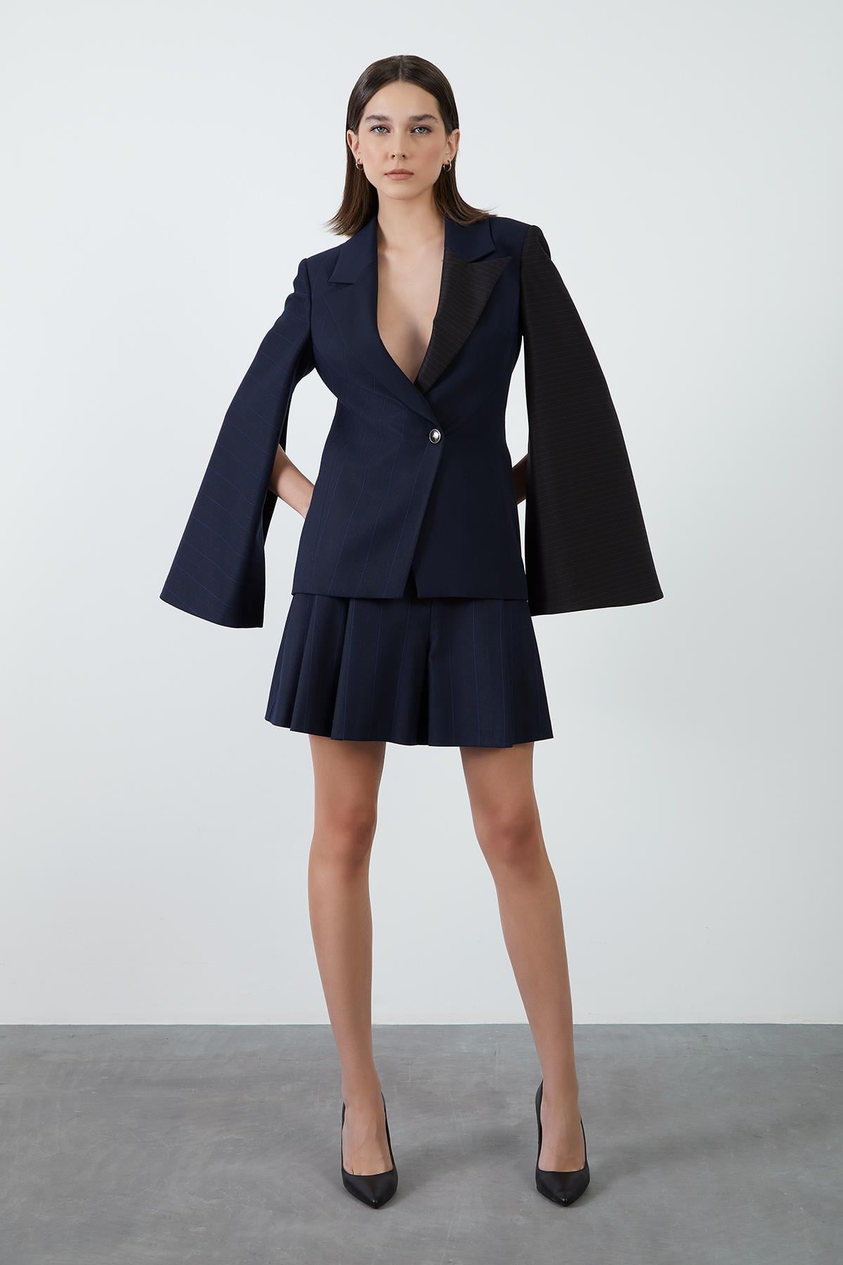 Navy Blazer Jacket with Sleeve Slits