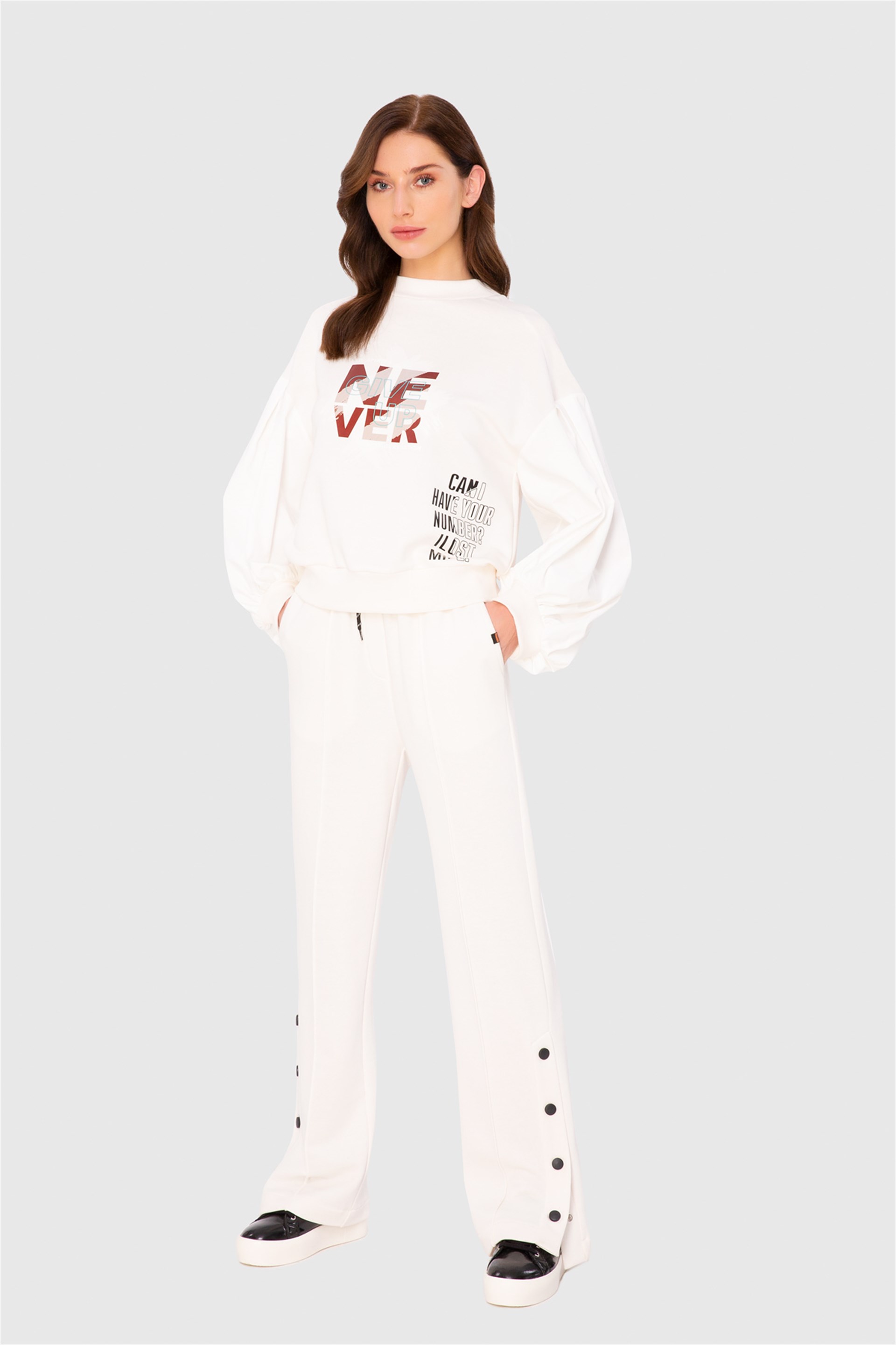 Kolu Poplin Detaylı Baskılı İki İplik  Sweat