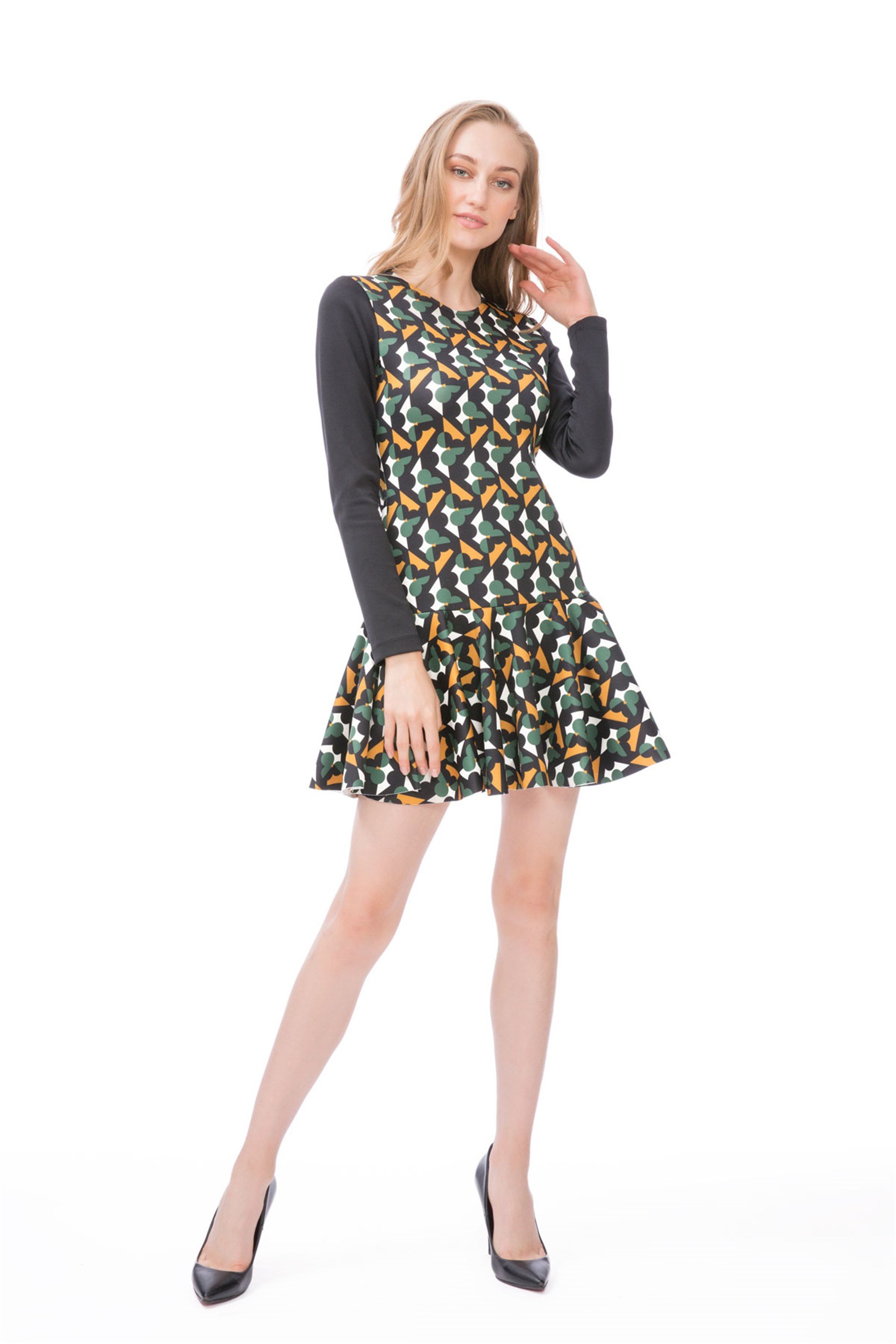 Contrast Patterned Sleeves Farklo Dress