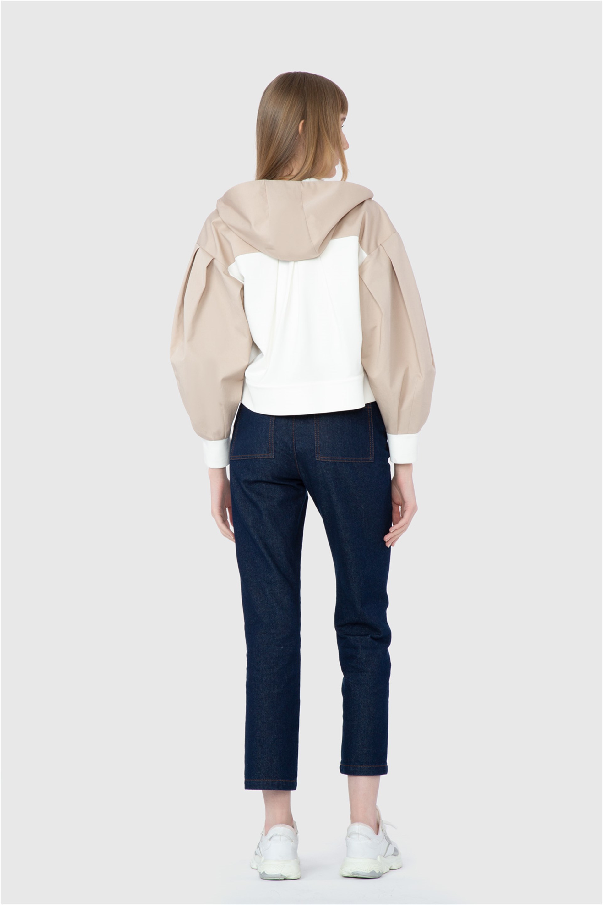 Contrast Detailed Pocket Hooded Beige Top