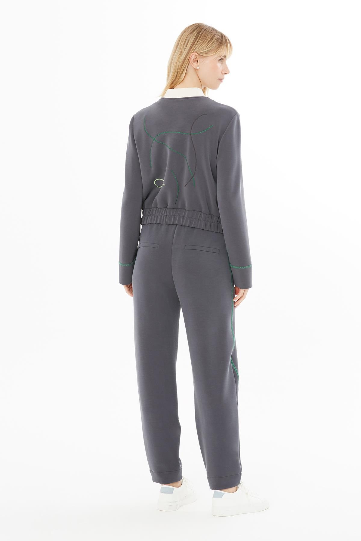 Gray Pants With Contrast Stitch Details And Front Tie
