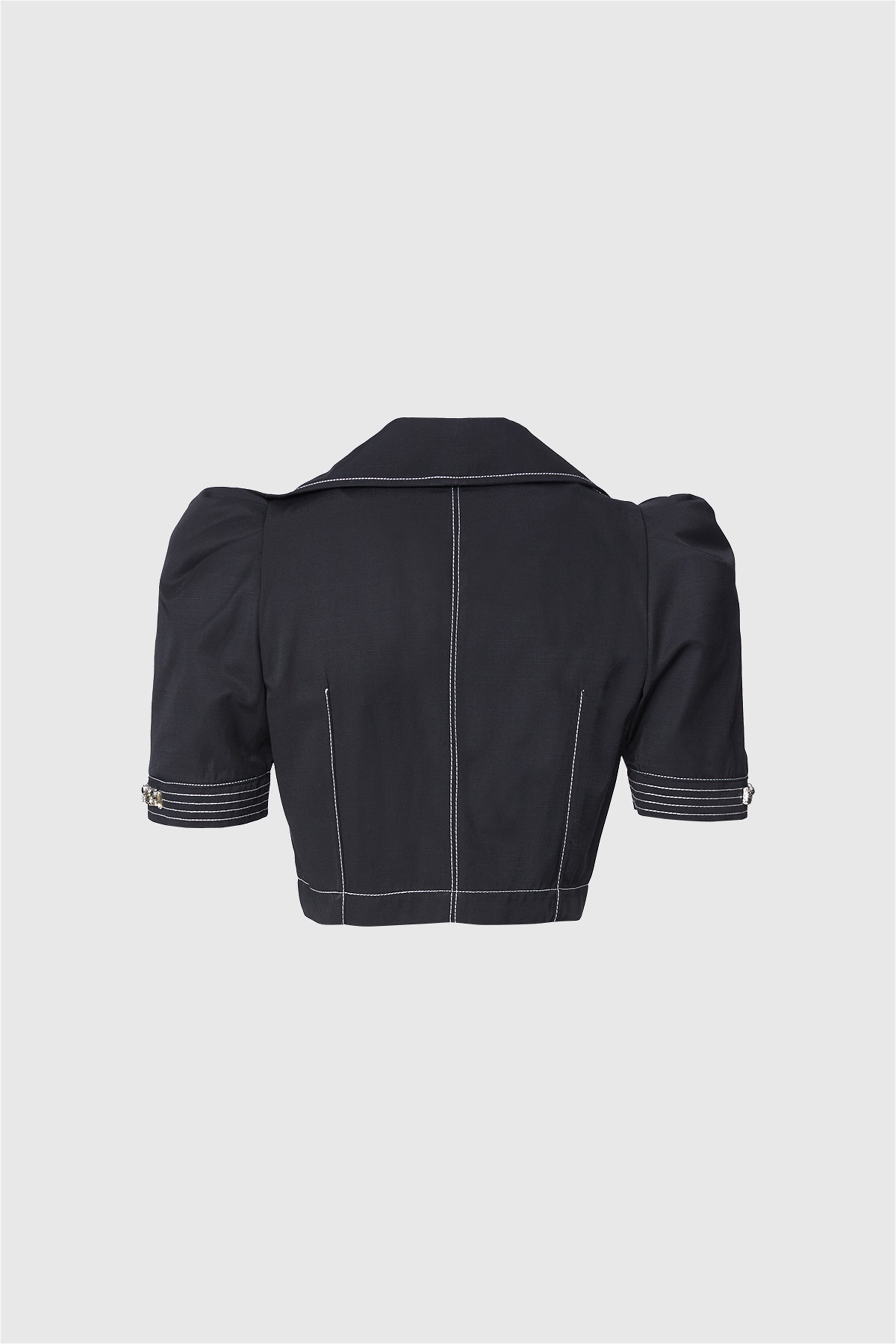 Kontrast Dikiş Ve İşleme Detaylı Yakası Volanlı Crop Boy   Bluz