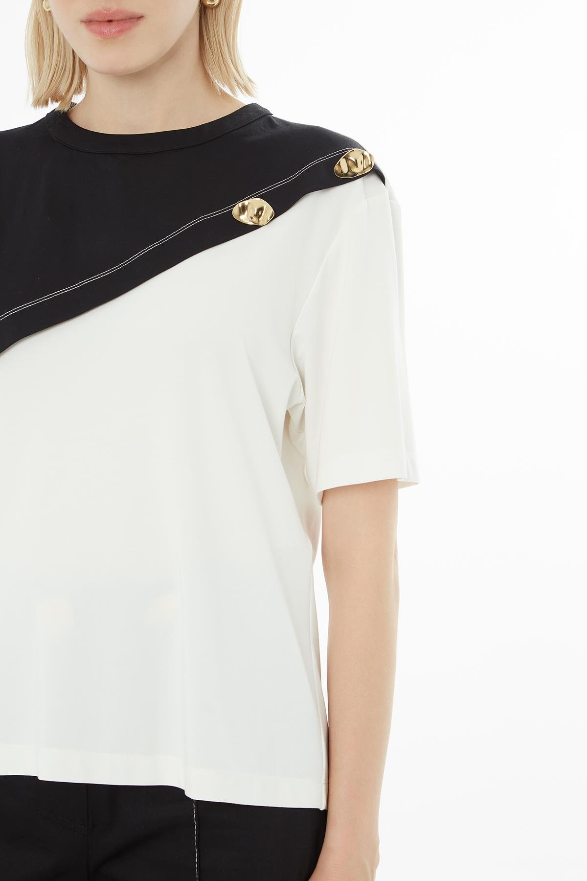 Ecru Blouse with Asymmetric Buttons and Contrast Stitching
