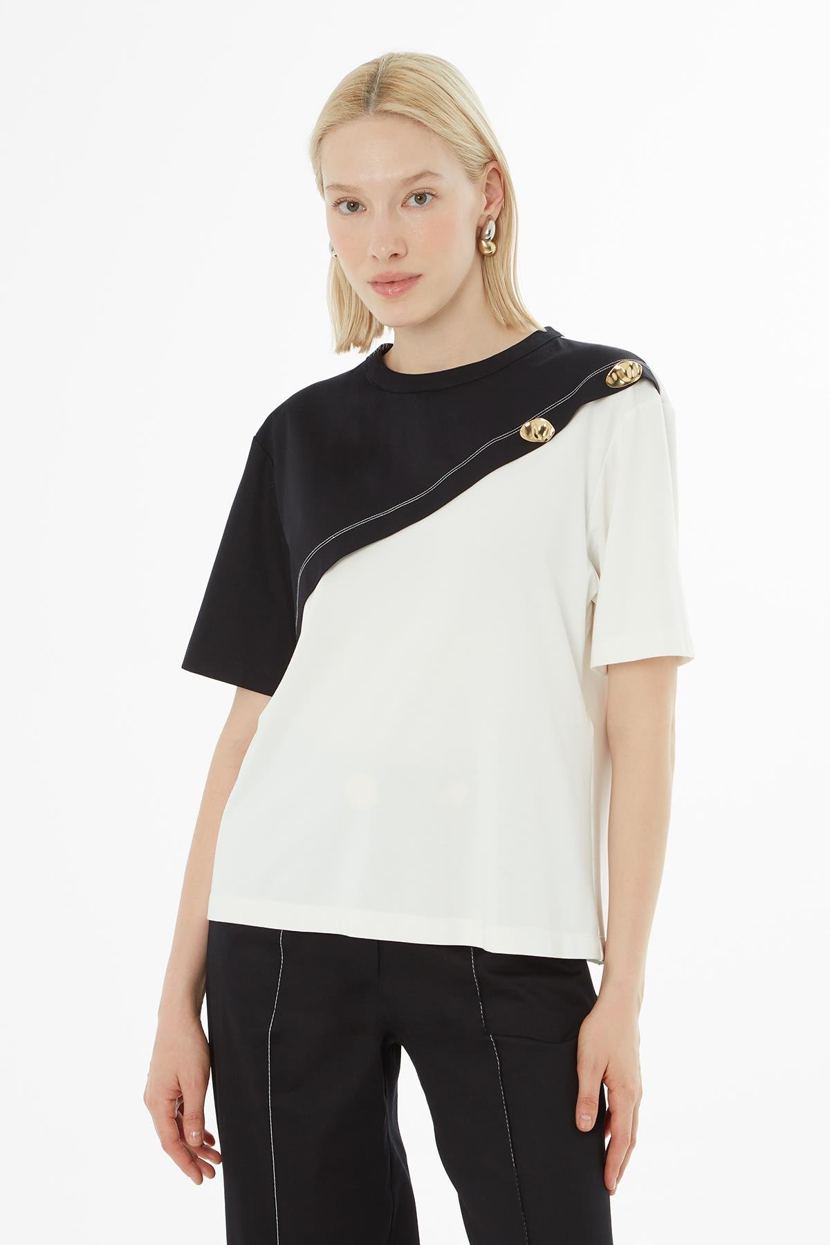 Ecru Blouse with Asymmetric Buttons and Contrast Stitching