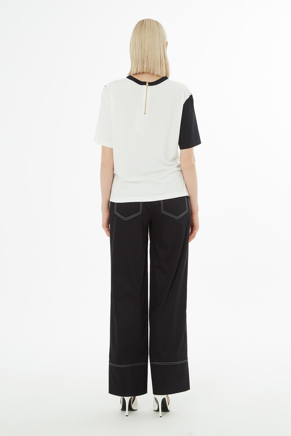 Ecru Blouse with Asymmetric Buttons and Contrast Stitching