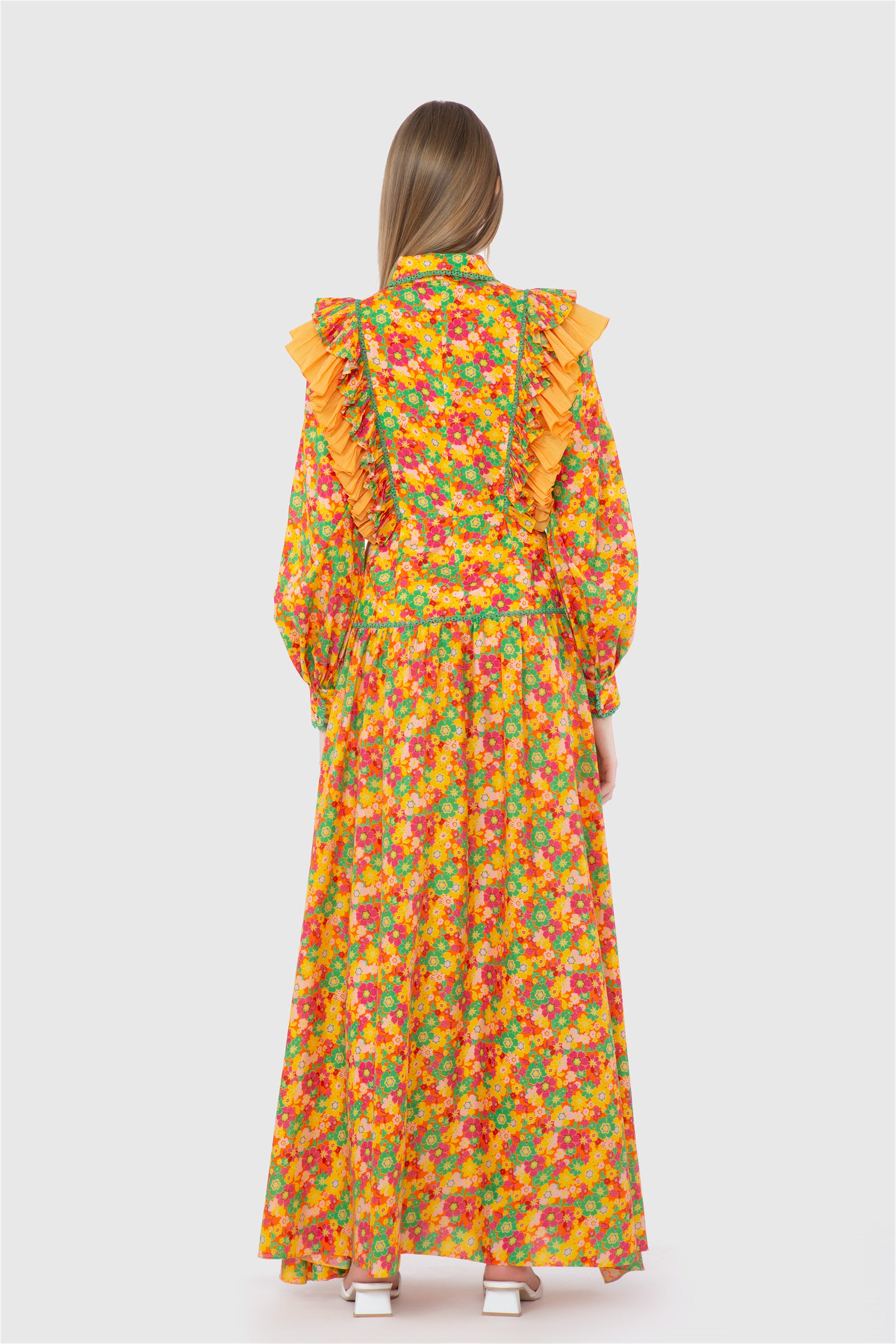 Long Orange Dress With Contrast Fabric Detail