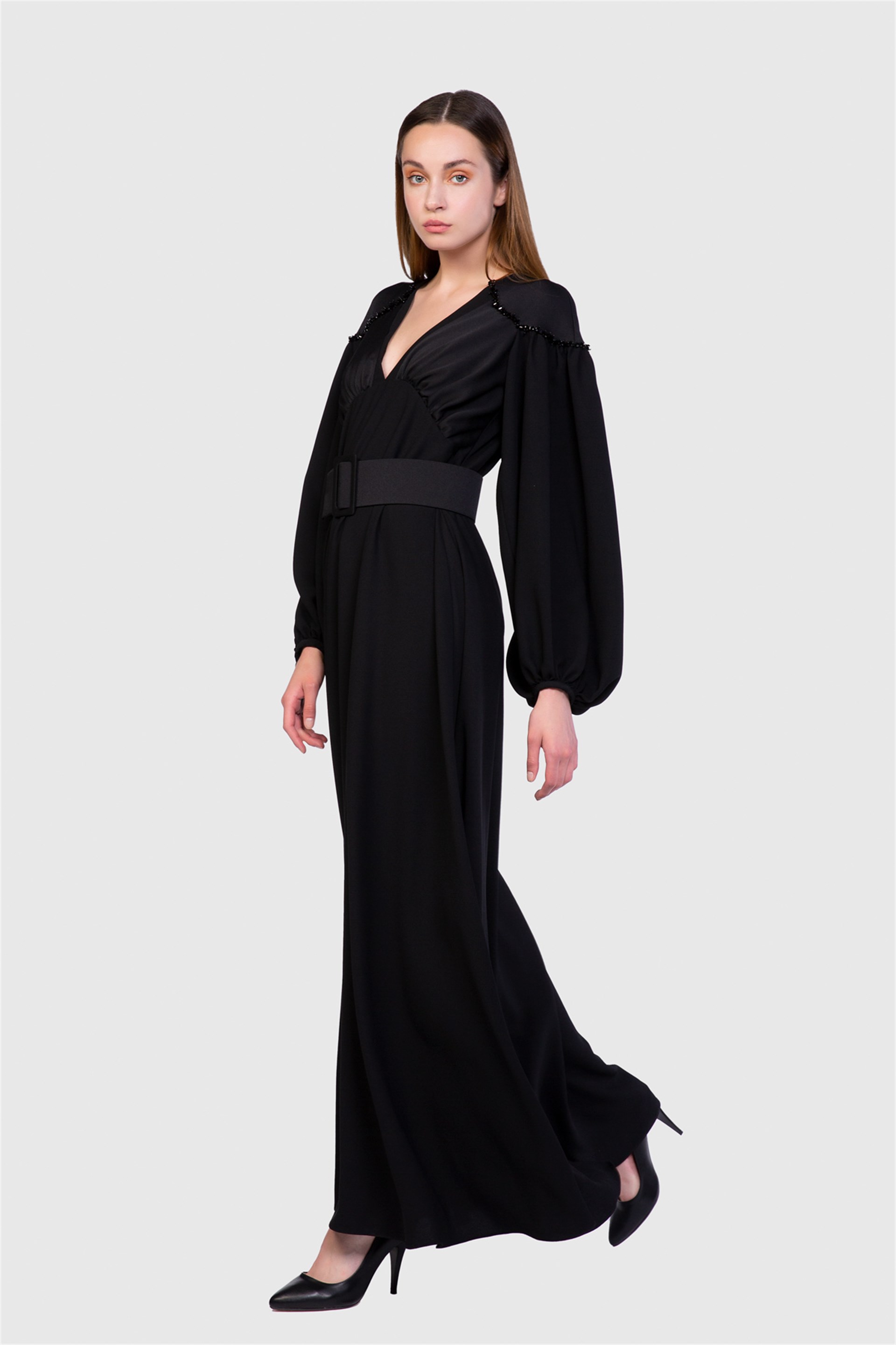 Kontrast Kumaşlı Ve Boncuk İşleme Detaylı Siyah Elbise