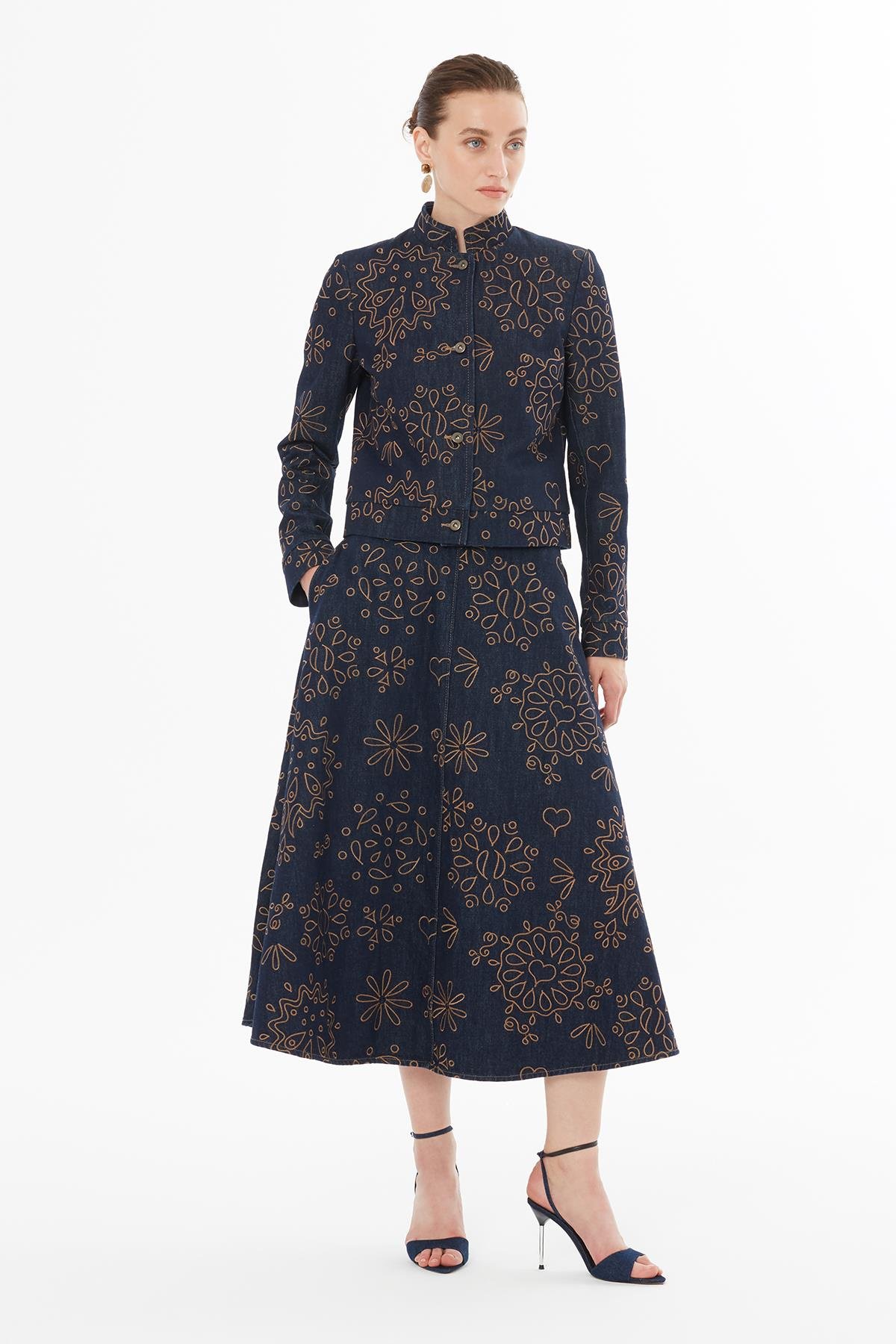 Kontrast Nakış Detaylı Denim Ceket