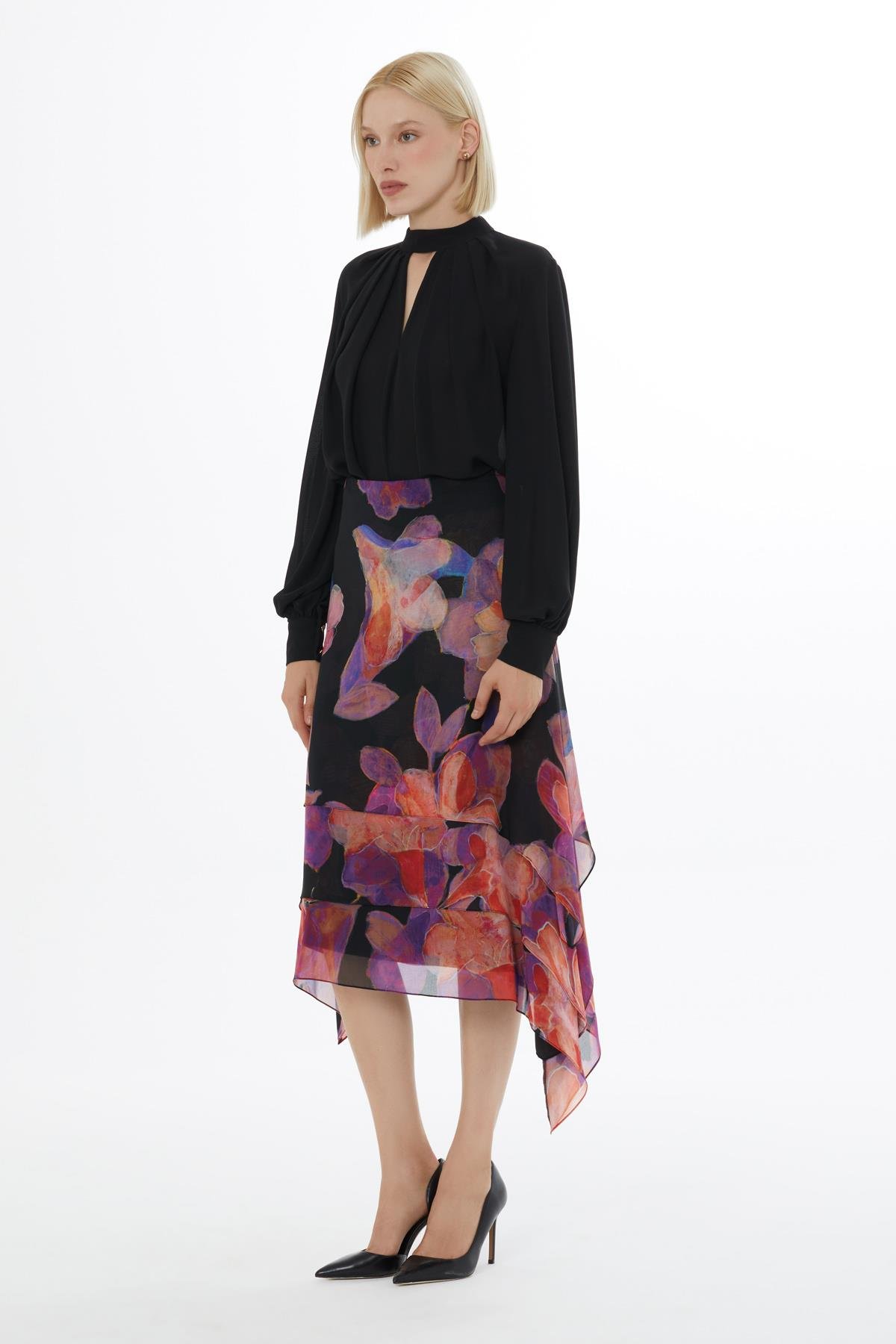 Contrast Colored Large Flower Pattern Asymmetric Cut Black Skirt