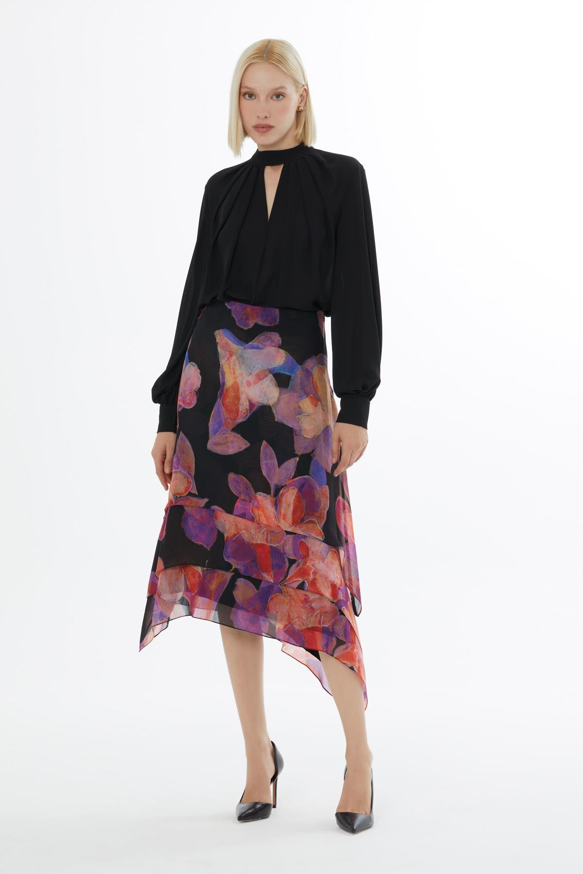 Contrast Colored Large Flower Pattern Asymmetric Cut Black Skirt