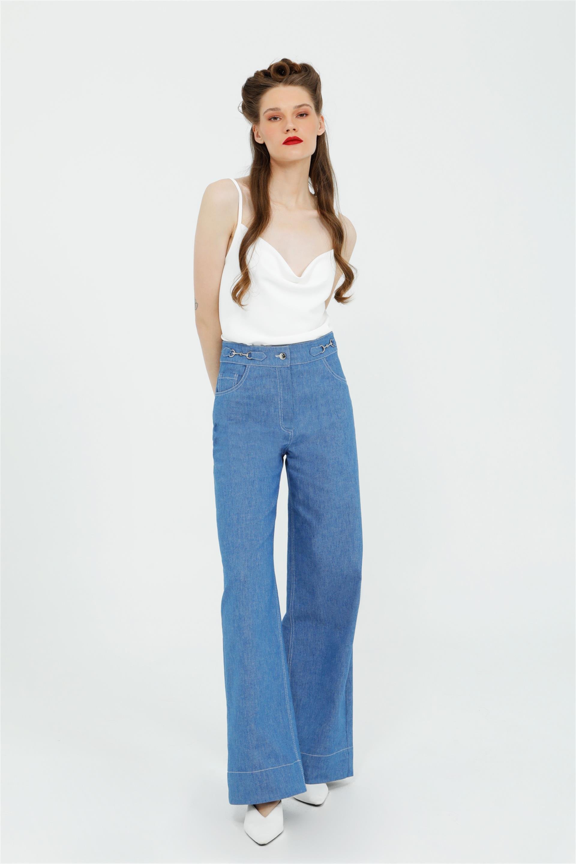 Köprülü Toka Detaylı Mavi Palazzo Pantolon