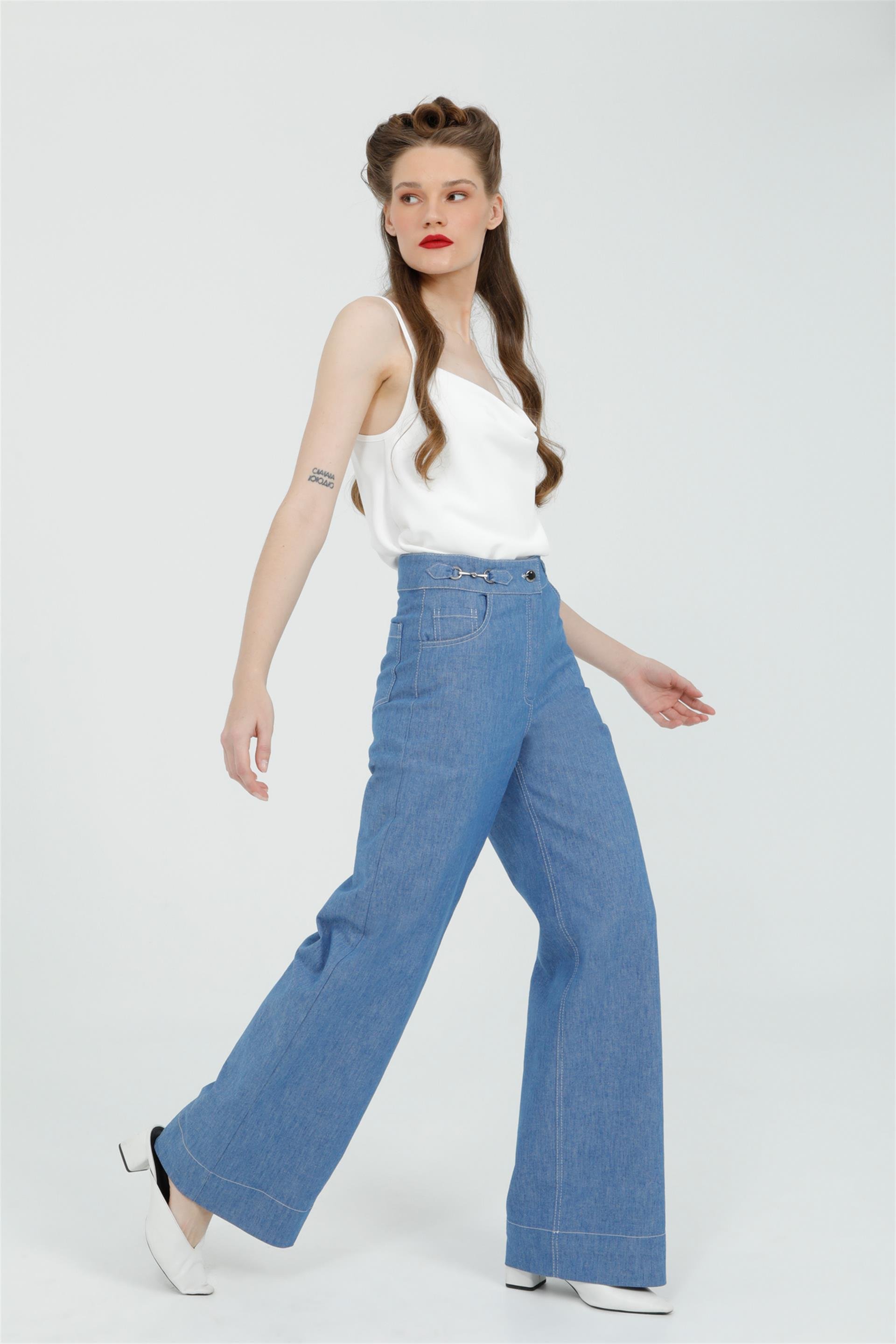 Köprülü Toka Detaylı Mavi Palazzo Pantolon